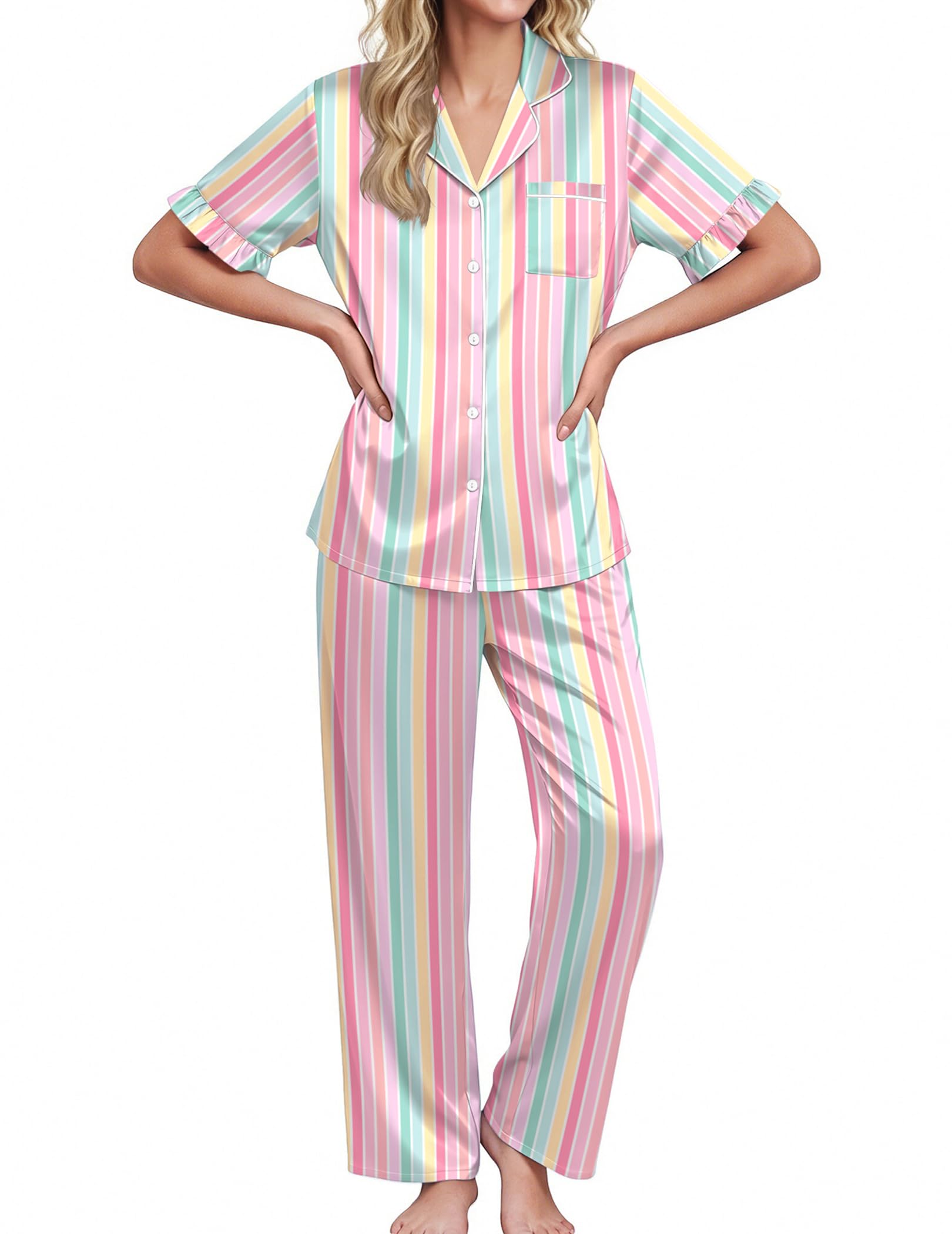 Ekouaer Silk Satin Pajamas for Women Set 2 Piece Short Sleeve Button Up Pjs