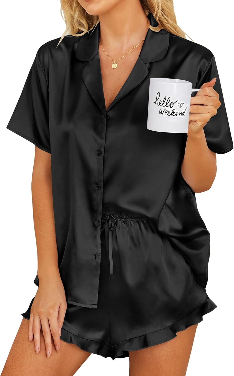 Ekouaer Womens Satin Pajamas Set Button Down Silk Pj Shorts Set with Ruffle