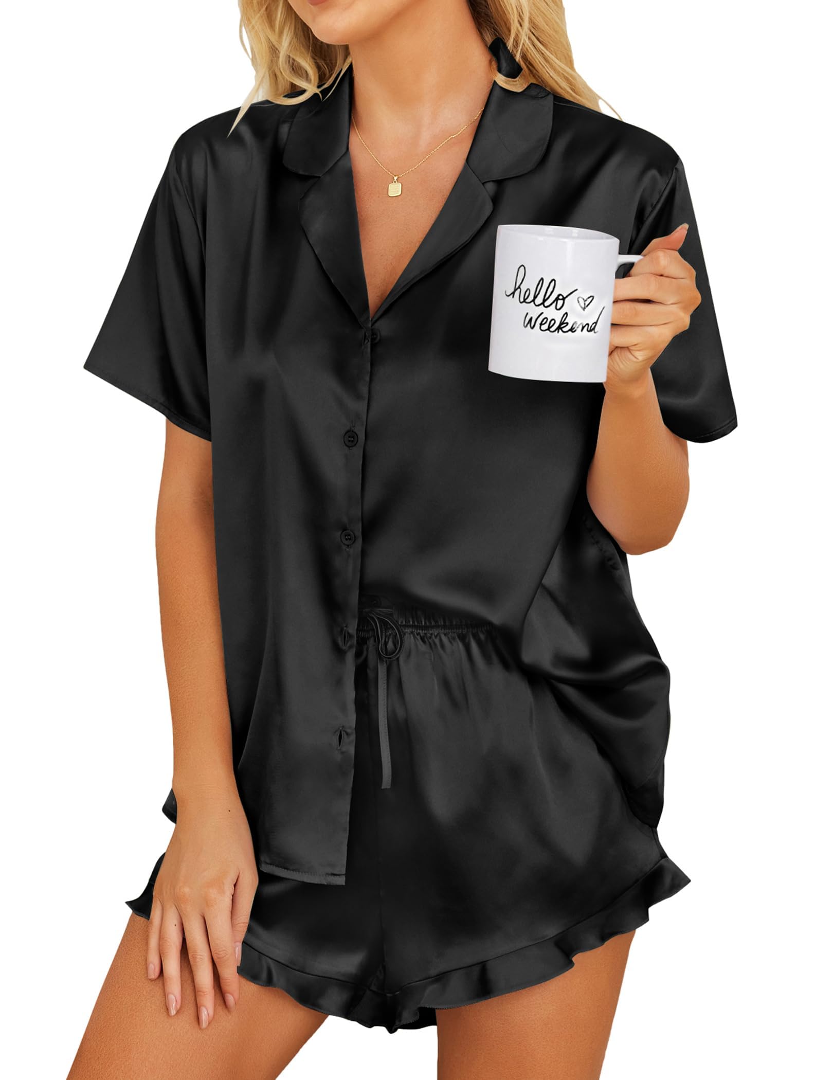 Ekouaer Womens Satin Pajamas Set Button Down Silk Pj Shorts Set with Ruffle