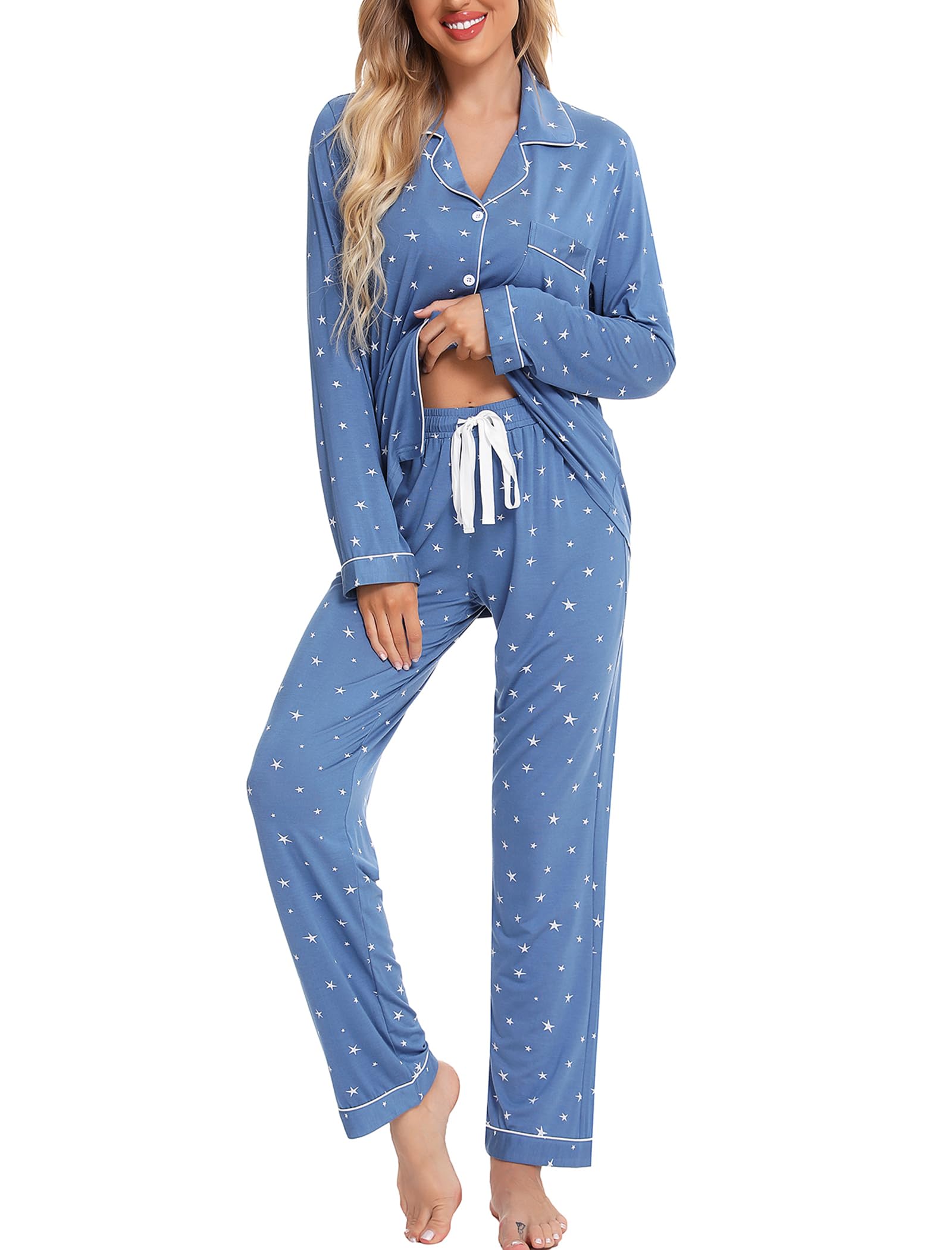 Leikar Button Up Pajamas For Women Long Sleeve Viscose Soft Pjs Lounge