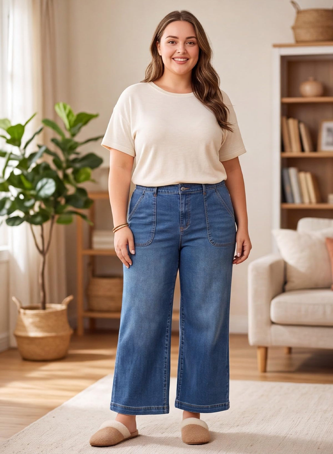 Eytino Plus Size Wide Leg Jeans for Women Elastic High Waisted Stretchy Relaxed Fit Denim Pants with Pockets(1X-5X)