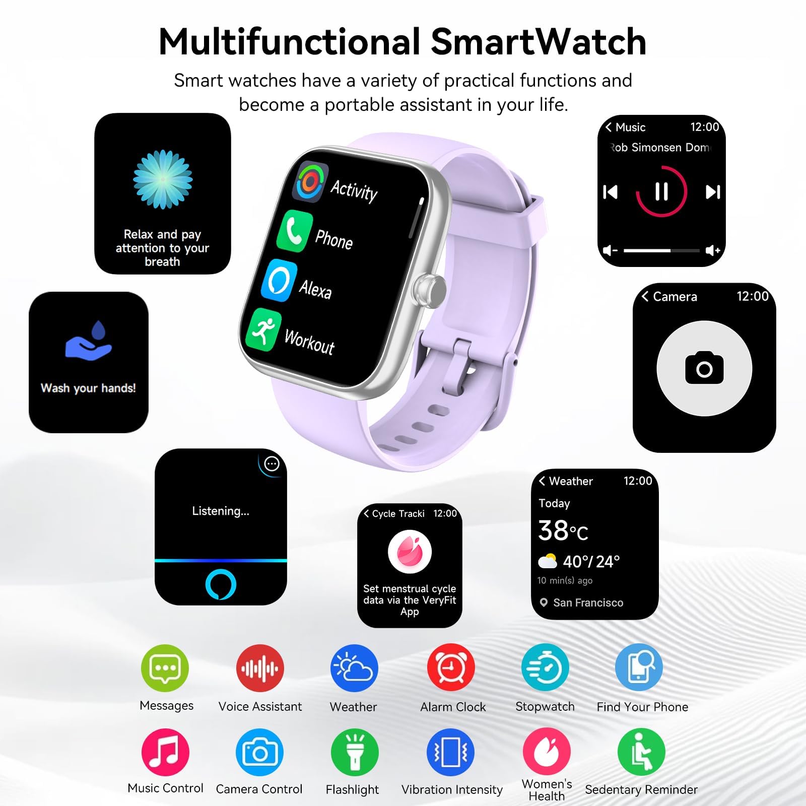 Smart Watch with Alexa Built-in, 1.83" HD Health Fitness Tracker, Bluetooth Calls/Notifications, 120+ Sports Modes, 24/7 Heart Rate/Sleep Tracking, IP68 Waterproof for iPhone and Android (Black)