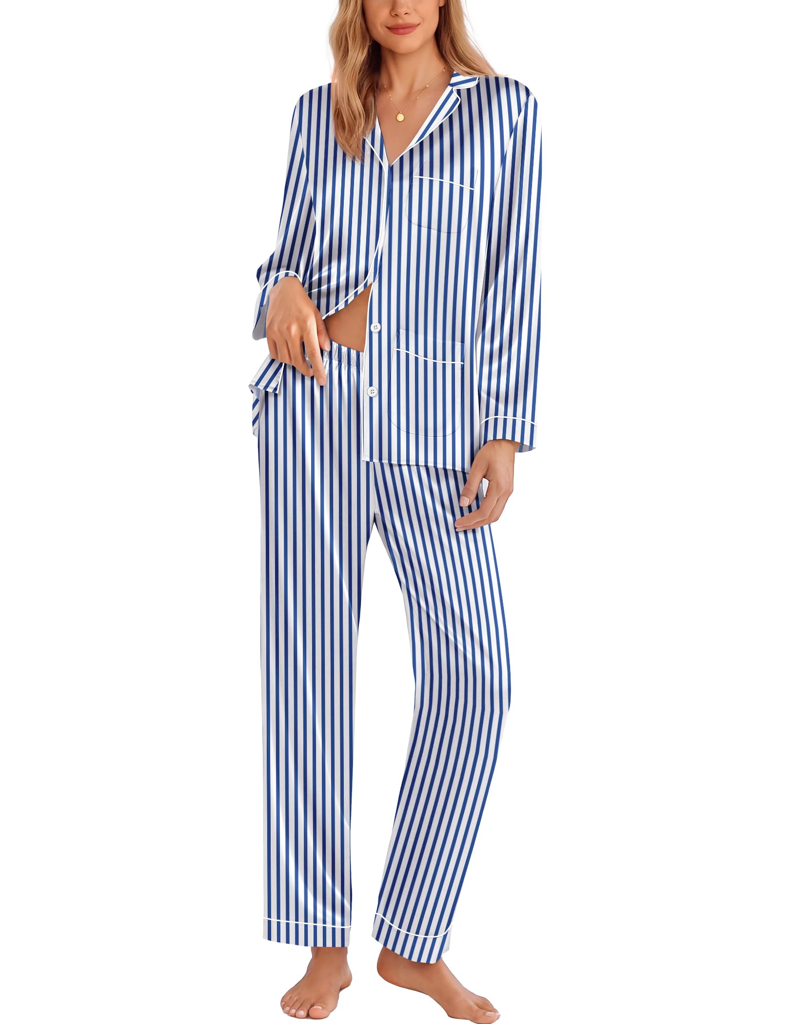 Ekouaer Pajamas for Women Silk Satin Button Down Long Sleeve Pajama Sets