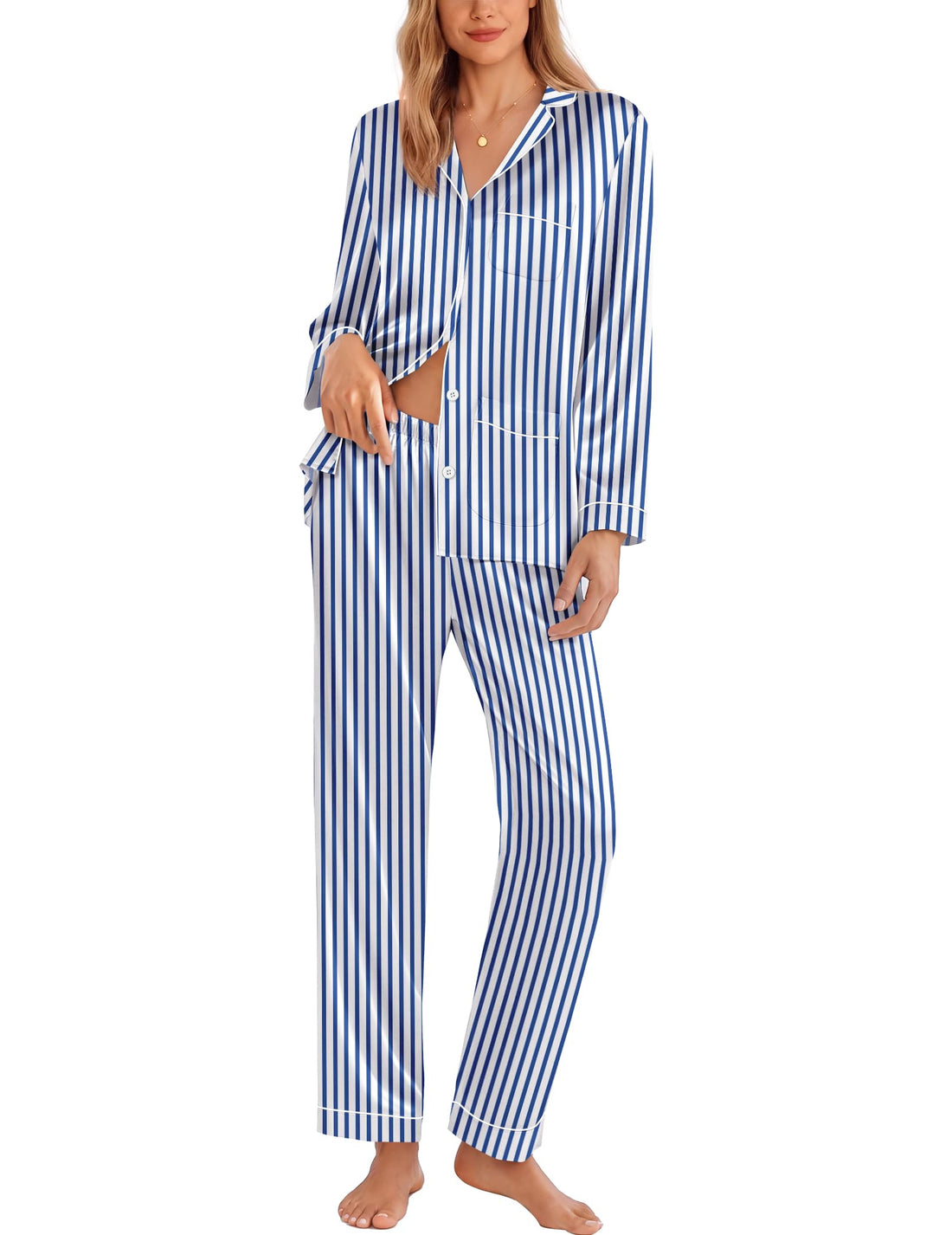 Ekouaer Pajamas for Women Silk Satin Button Down Long Sleeve Pajama Sets