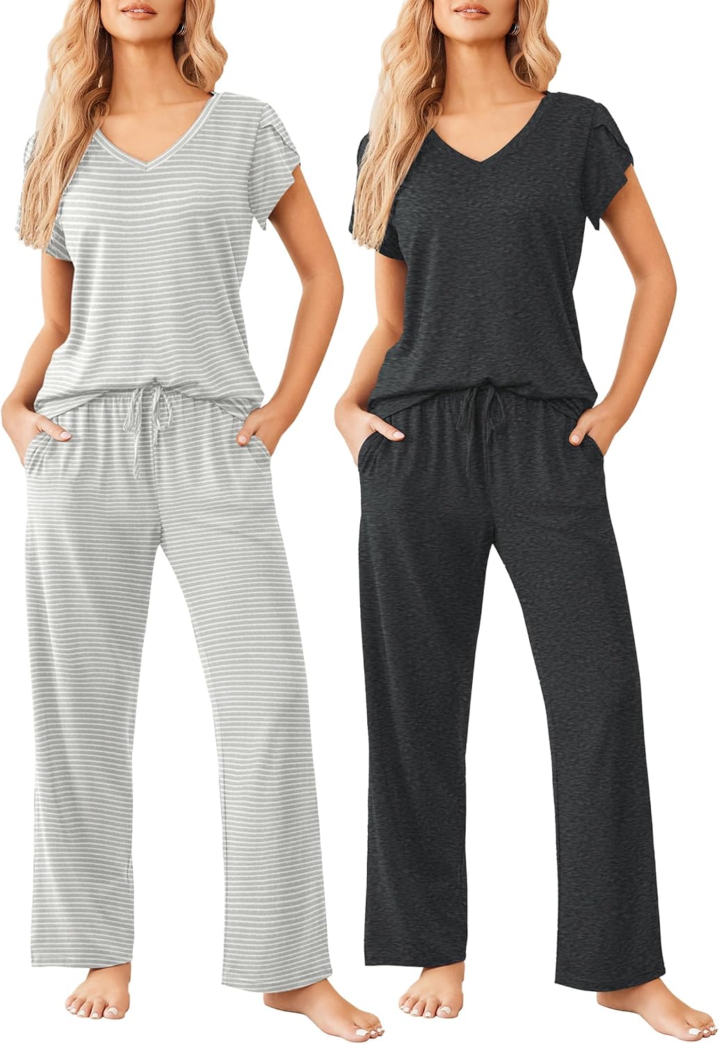 Ekouaer 2 Pack Womens Pajama Set Short Sleeve Sleepwear Soft Pjs Lounge Set
