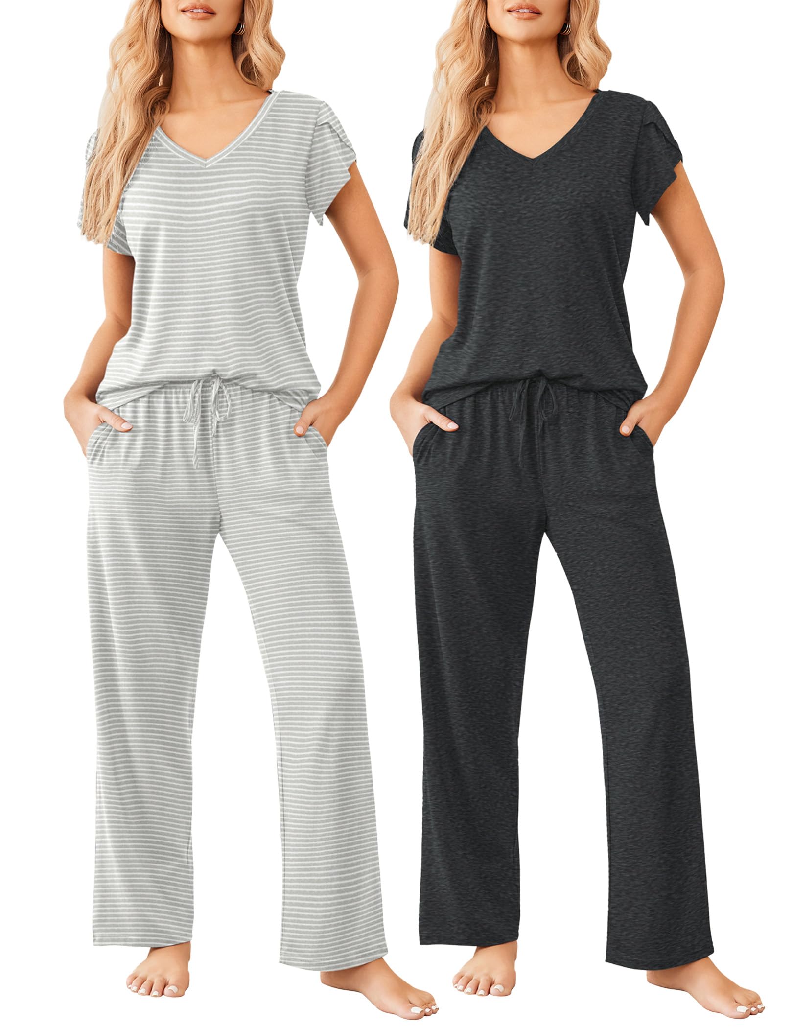 Ekouaer 2 Pack Womens Pajama Set Short Sleeve Sleepwear Soft Pjs Lounge Set