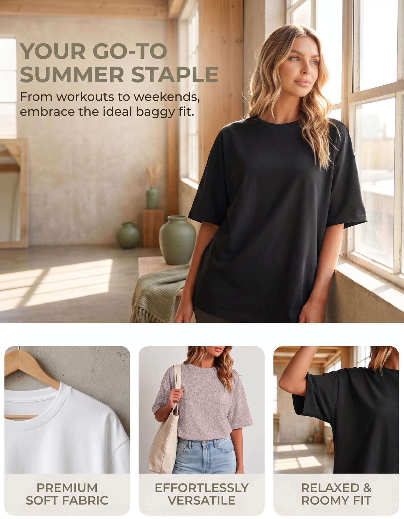 HOPLYNN 3 Pack Oversized Tshirts for Women, Summer Baggy Loose Fit Tops Crew Neck Workout Tees Plus Size T Shirts