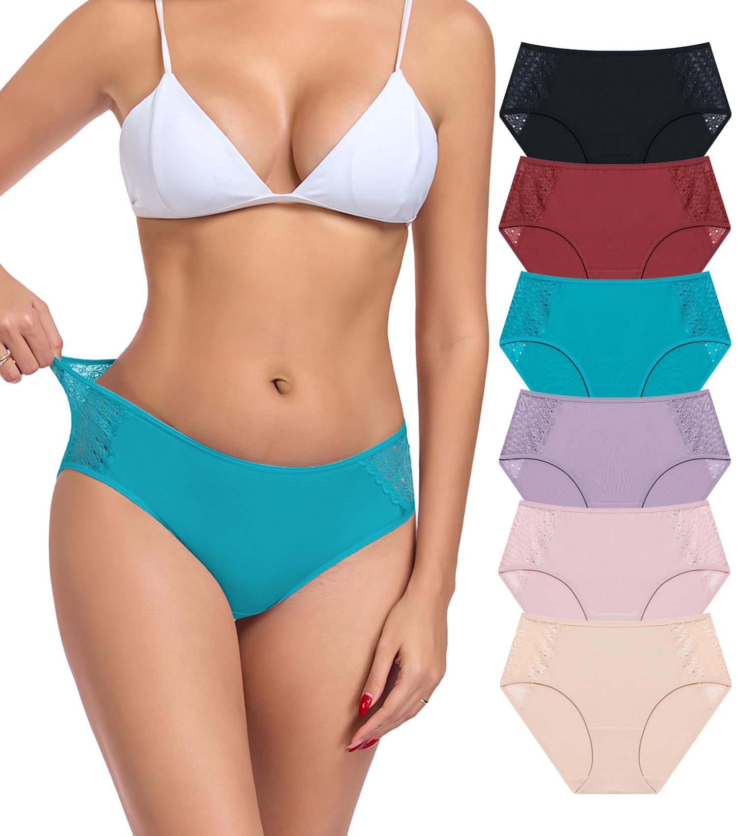 COLORFULLEAF Women's Cotton Hipster Panties Sexy Lace Underwear Pack Soft Moisture Wicking Bikini Briefs