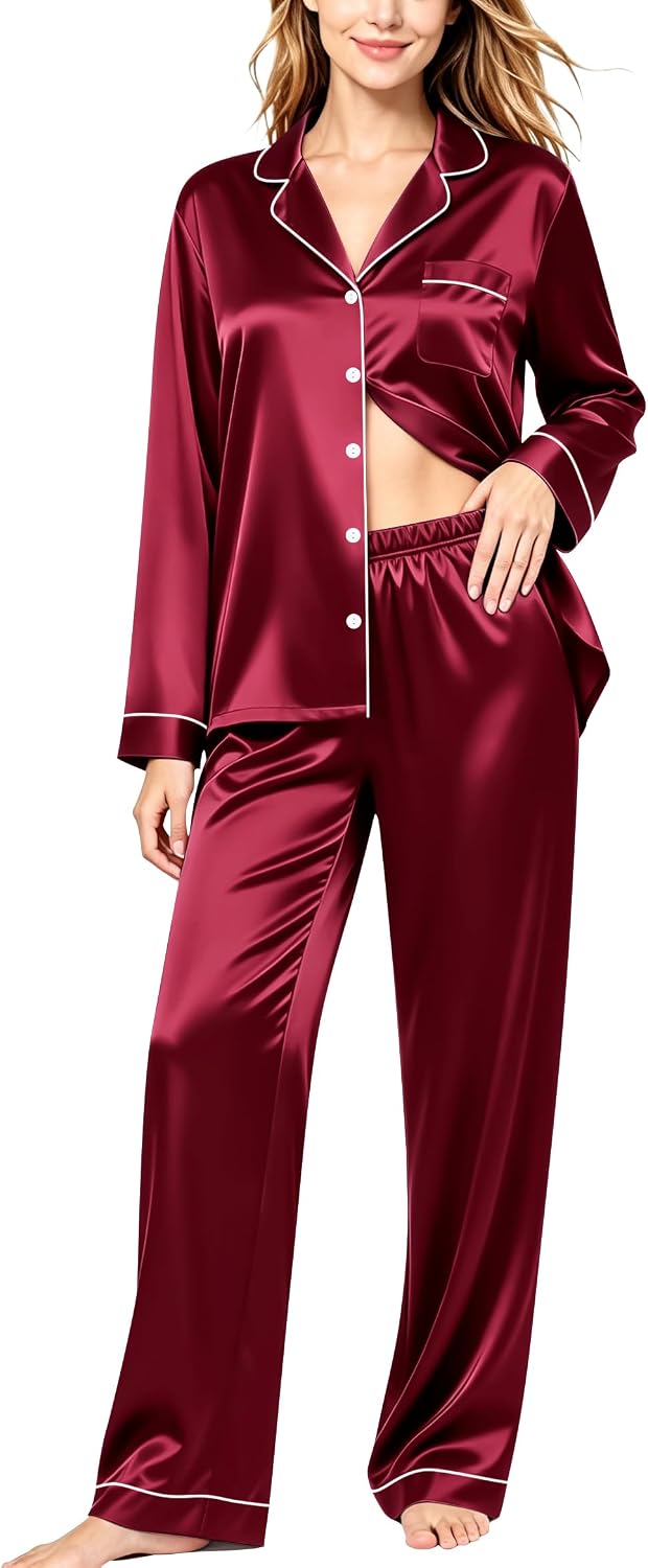 SWOMOG Womens Silk Satin Pajamas Set Long Sleeve Button Down Sleepwear 2 Piece Lounge Set Pj Set XS-3XL