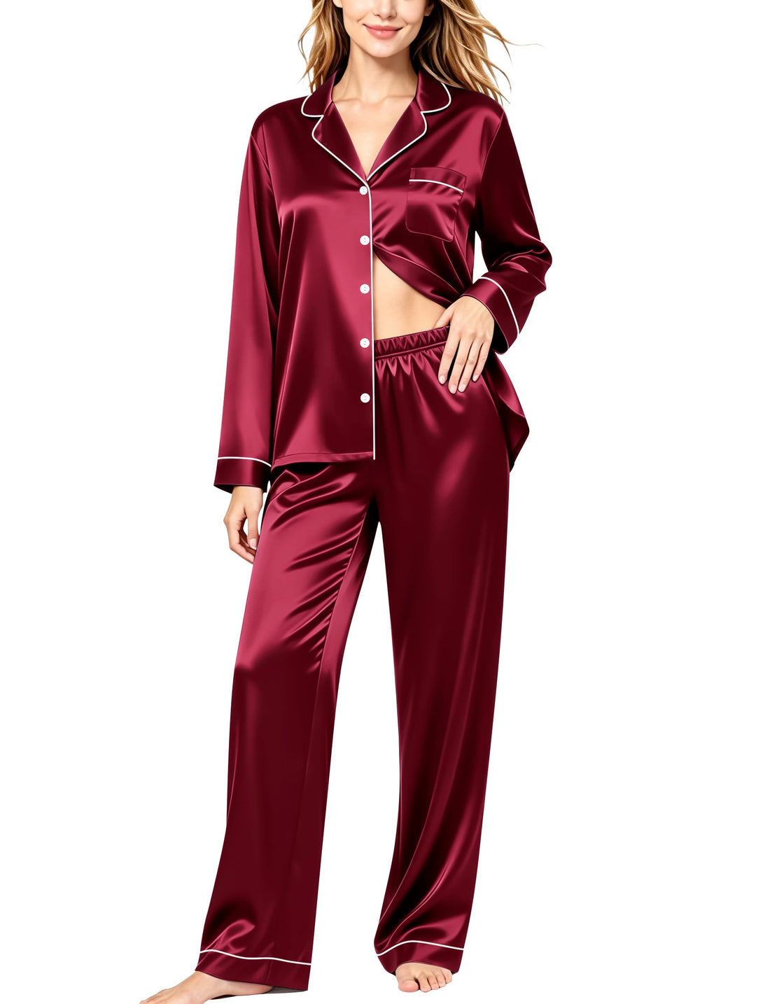 SWOMOG Womens Silk Satin Pajamas Set Long Sleeve Button Down Sleepwear 2 Piece Lounge Set Pj Set XS-3XL