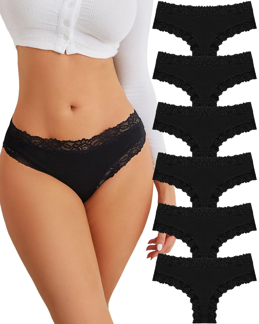FINETOO Cotton Underwear Womens Sexy Lace Cheeky Low Rise Panties 6 Pack