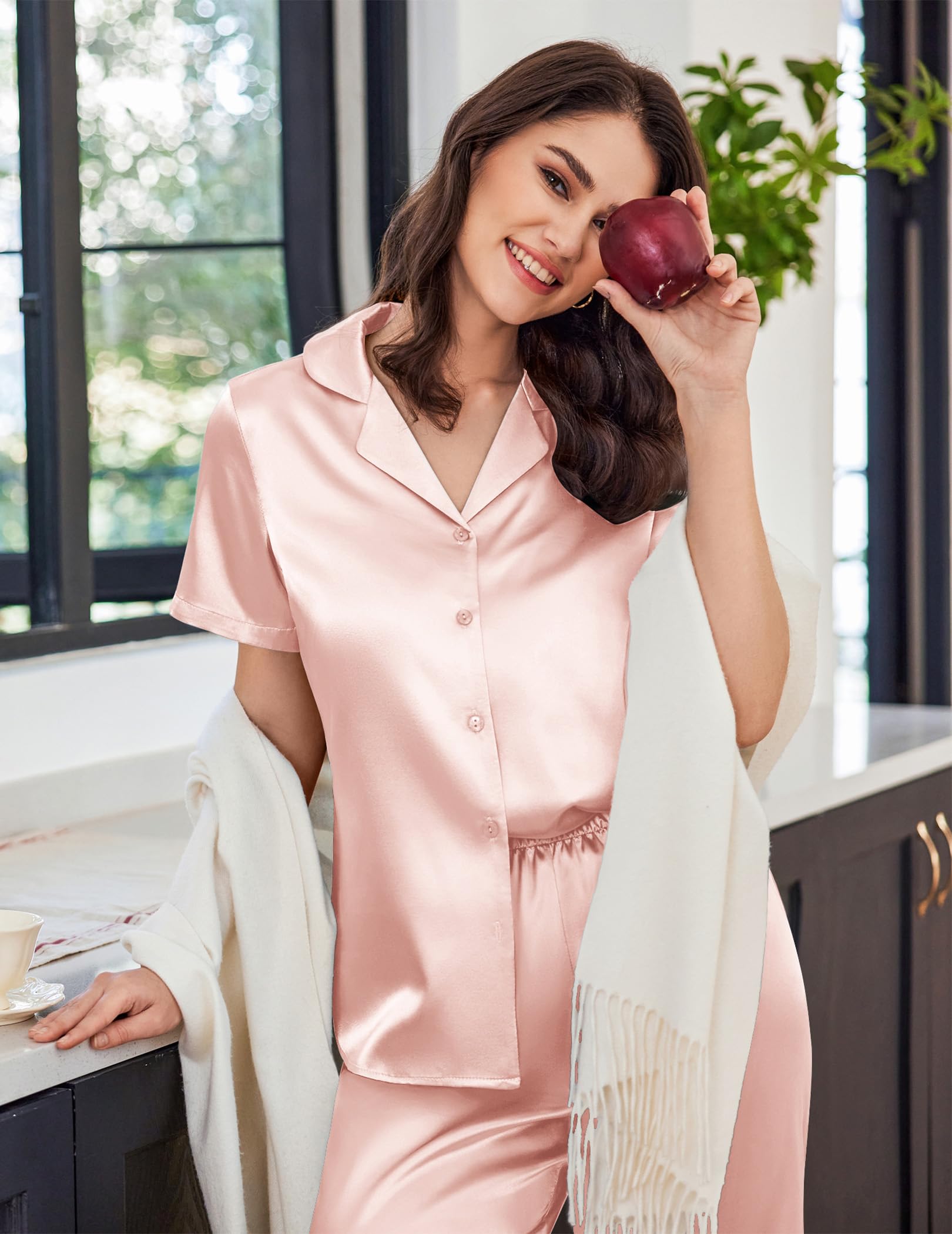 Ekouaer Womens Satin Silky Capri Pajamas Short Sleeve Button Down Sleepwear