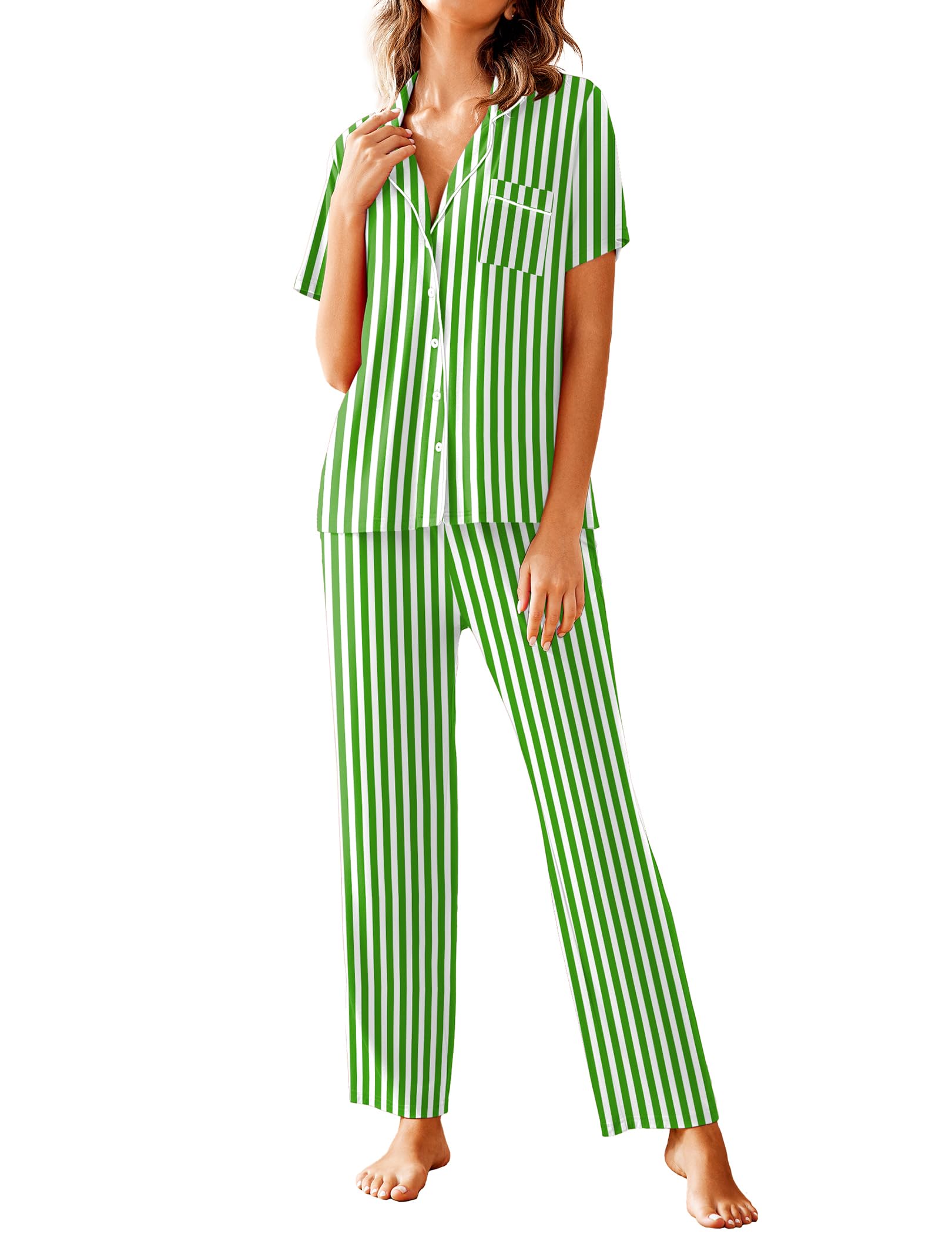 Avidlove Women Pajamas Set Notch Collar Soft Sleepwear Pjs Short Sleeve Button Down Nightwear with Long Pants