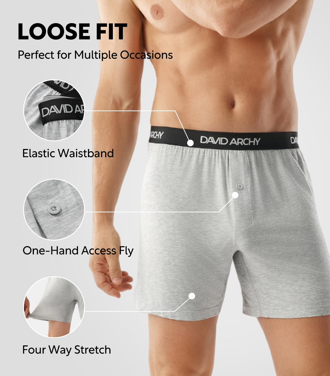 DAVID ARCHY Men's Bamboo Rayon Boxers Breathable Cooling Mens Boxer Shorts with Button Fly Relaxed Fit Underwear 3/4/5 Pack