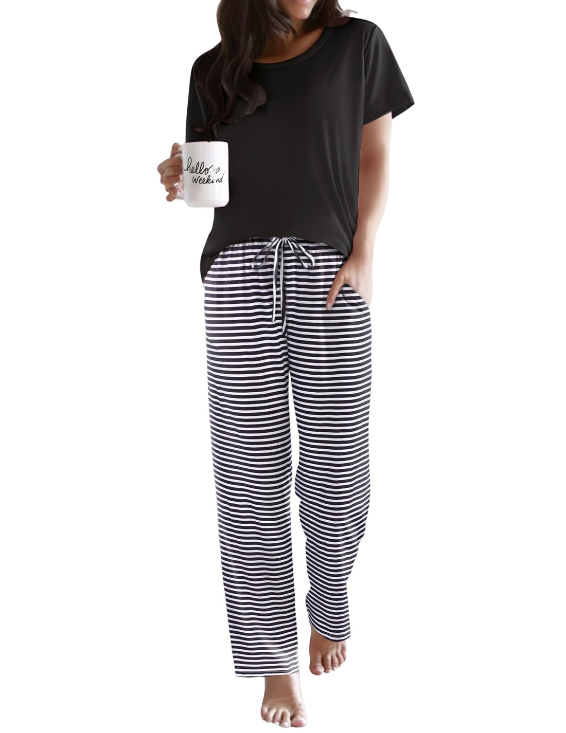 Ekouaer Womens Pajamas Sets Round Neck Pjs Loose Lounge Sets Sleepwear