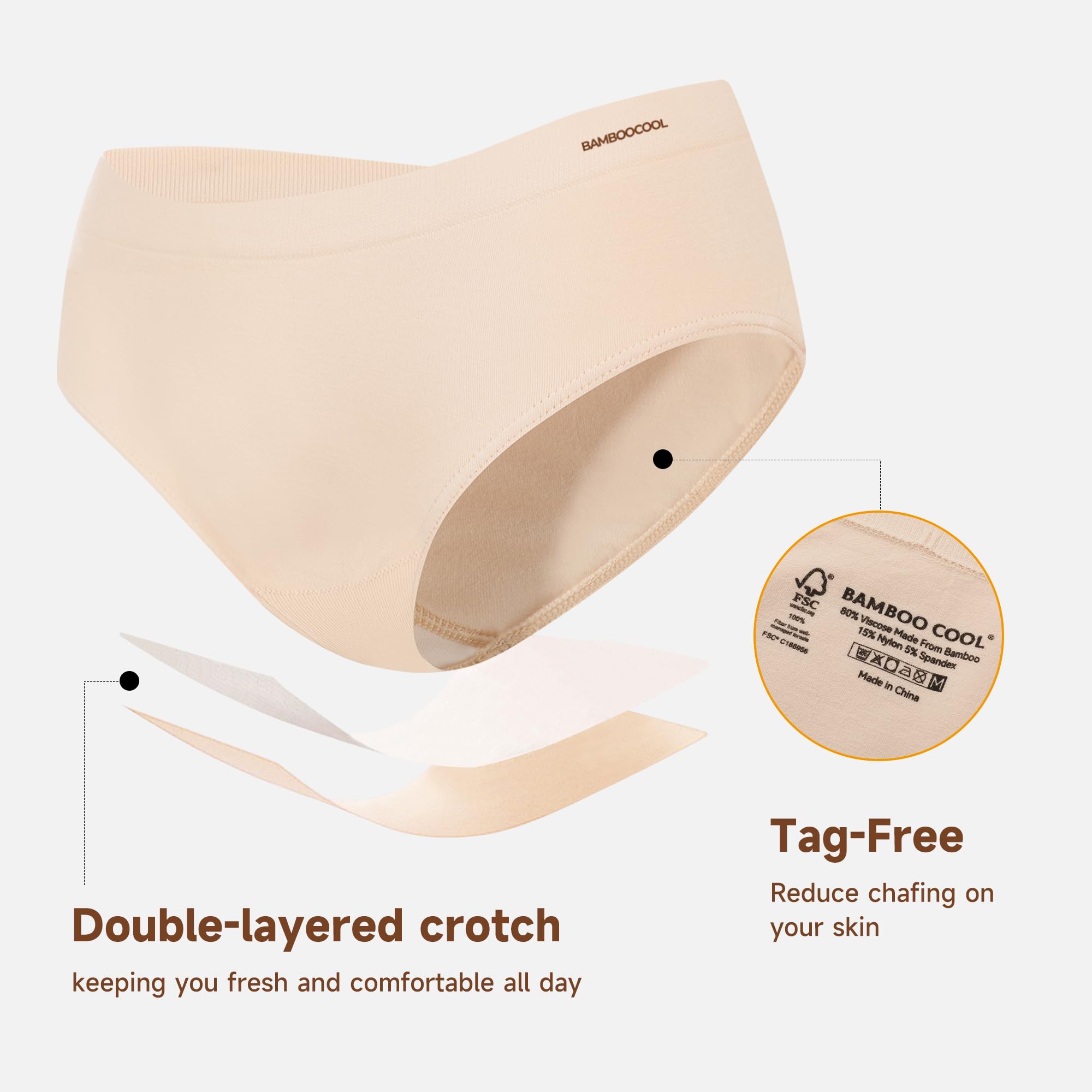 Women's Bamboo Seamless Bikini Panties Moisture-Wicking Stretchy Breathable Hipster Coverage Ladies Underwear 6-pack