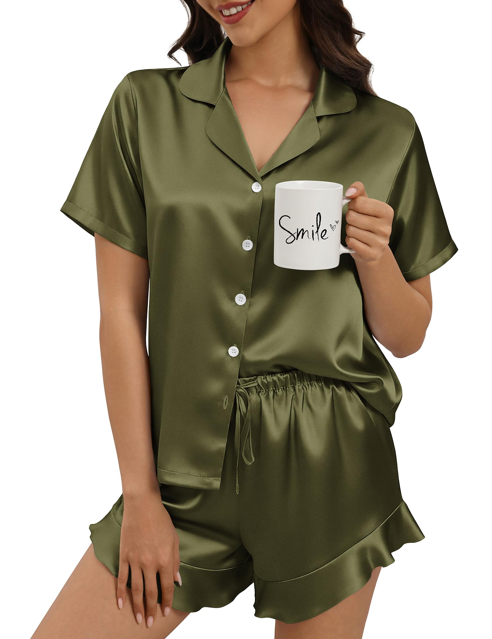 Silk Pajamas for Women Button Down 2 Piece Satin Pjs Shorts Set Ruffle Notch Collar Sleepwear Loungewear