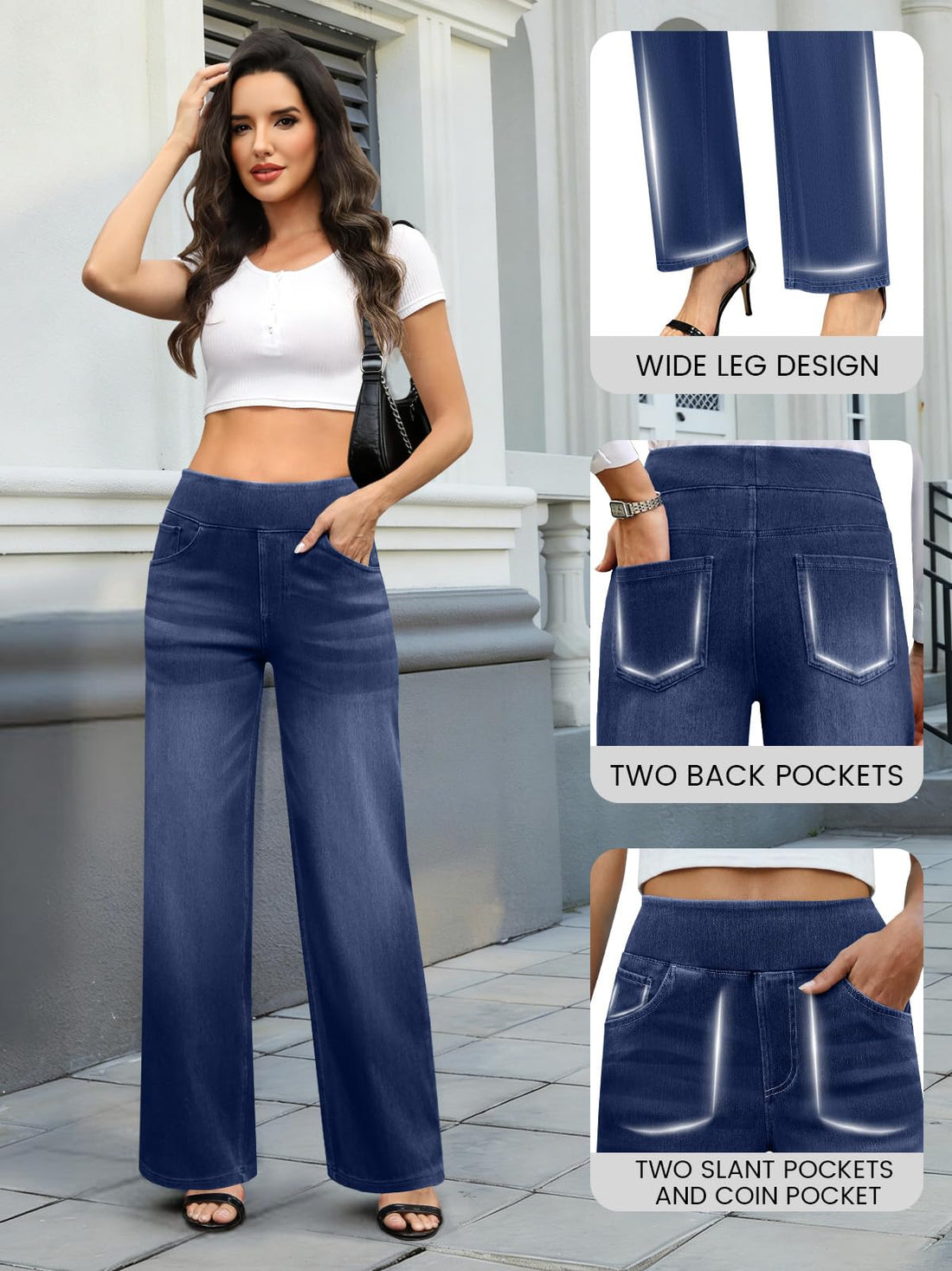 COPYLEAF Wide Leg Jeans Woman High Waisted Stretchy Baggy Sweatpant Jeans Pull On Straight Leg Loose Trendy Denim Pants