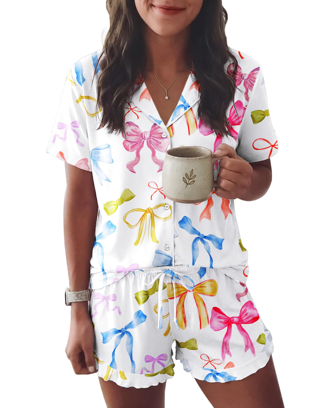 Ekouaer Womens Pajama Sets Button Down Cute Ruffled Pjs Set Sleepwear