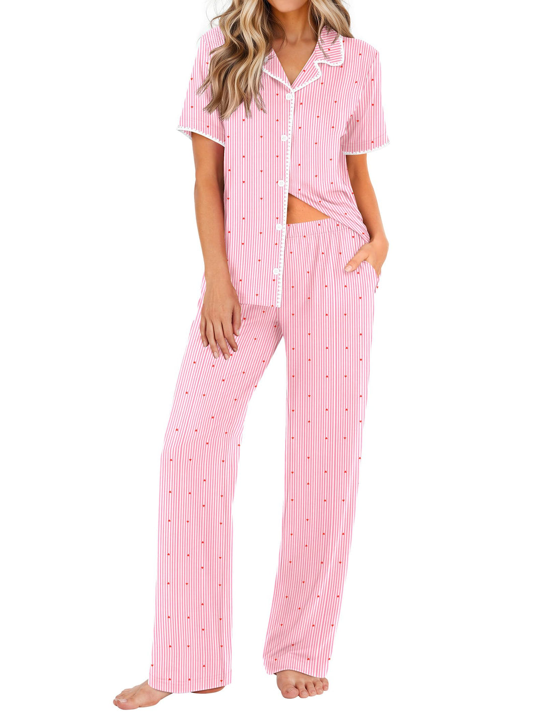 Ekouaer Womens Pajamas Set Button Down Loungewear Short Sleeve Pants Pjs