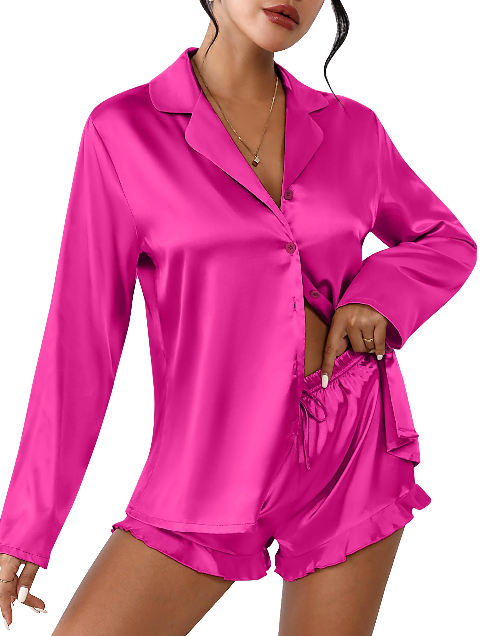 Ekouaer Womens Satin Pajama Sets Cute Button Down Silk Pjs with Ruffle