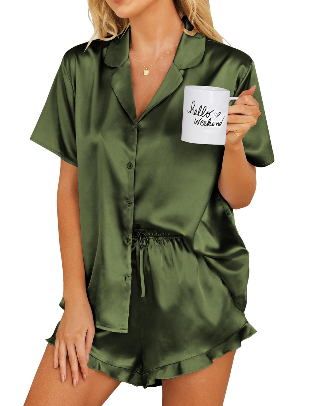 Ekouaer Womens Satin Pajamas Set Button Down Silk Pj Shorts Set with Ruffle