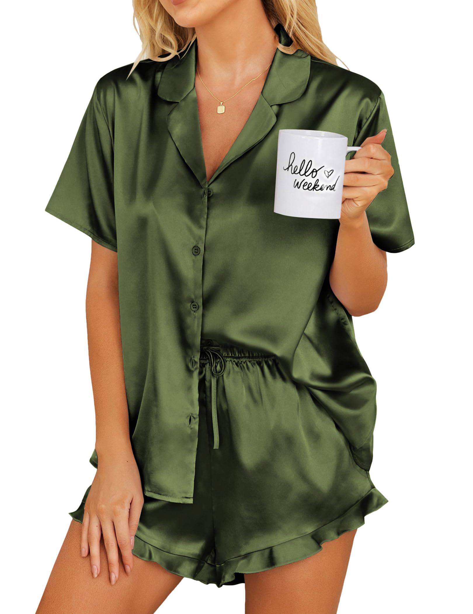 Ekouaer Womens Satin Pajamas Set Button Down Silk Pj Shorts Set with Ruffle