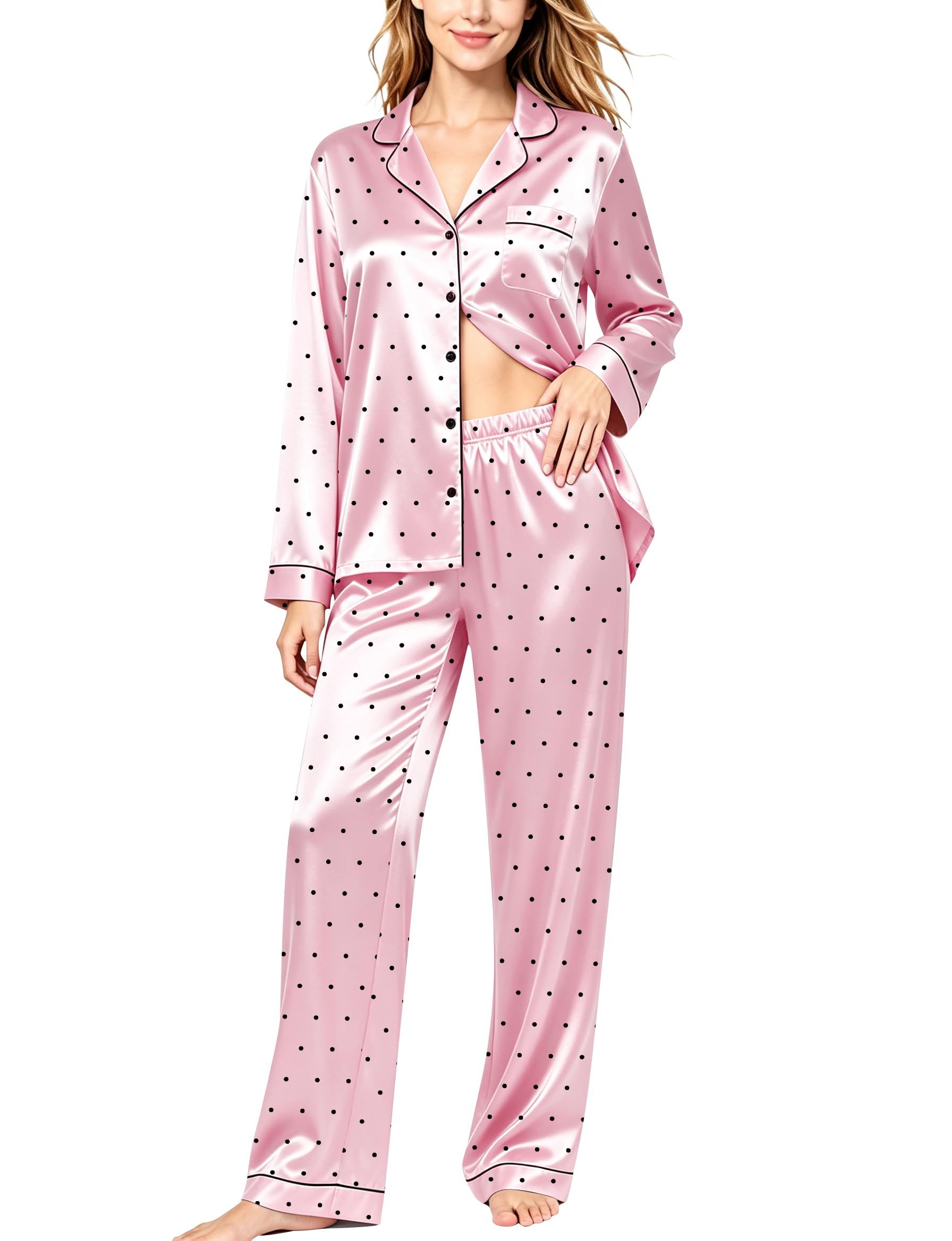 SWOMOG Womens Silk Satin Pajamas Set Long Sleeve Button Down Sleepwear 2 Piece Lounge Set Pj Set XS-3XL