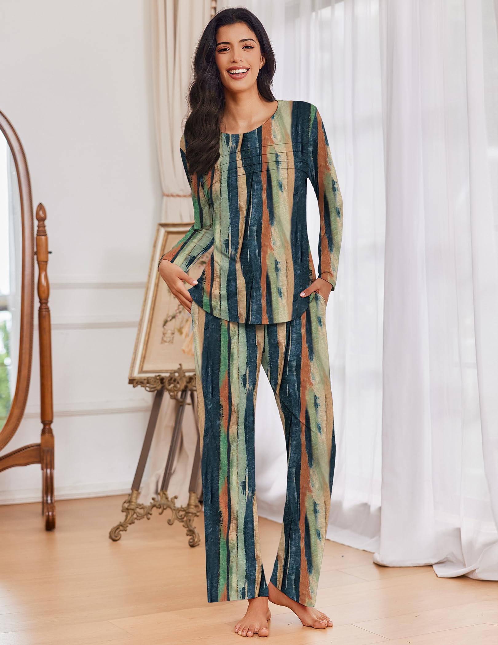 Ekouaer Womens Pajama Sets Pleated Tops with Long Sleeve Fall Lounge Set