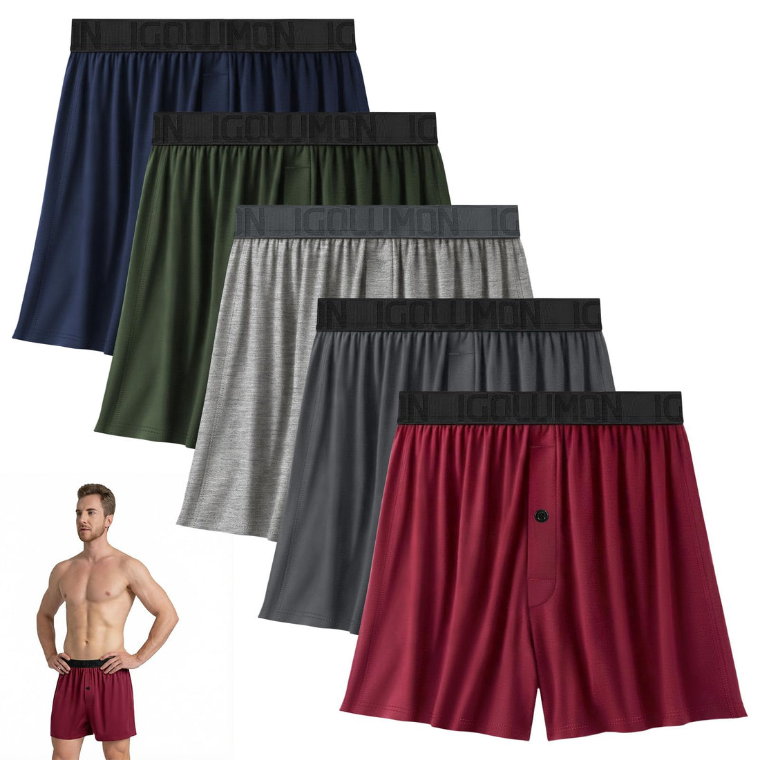 IGOLUMON Mens Boxer Shorts Underwear Soft Breathable Bamboo Rayon Boxers for Men Relaxed Fit Boxers with Button Fly 5 Pack