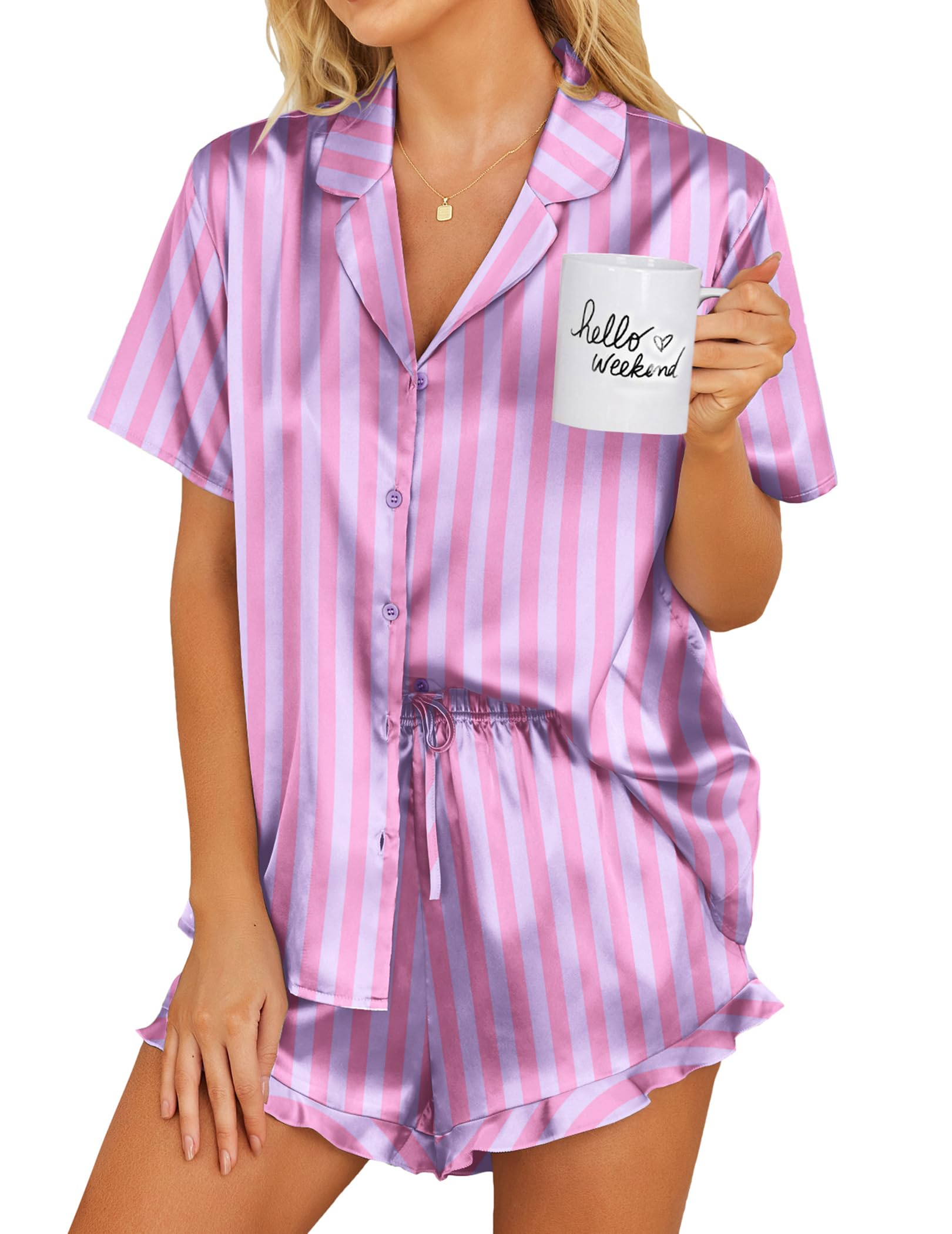 Ekouaer Womens Satin Pajamas Set Button Down 2 Piece Silk Pjs Shorts Set Ruffle Lingerie Notch Collar Sleepwear