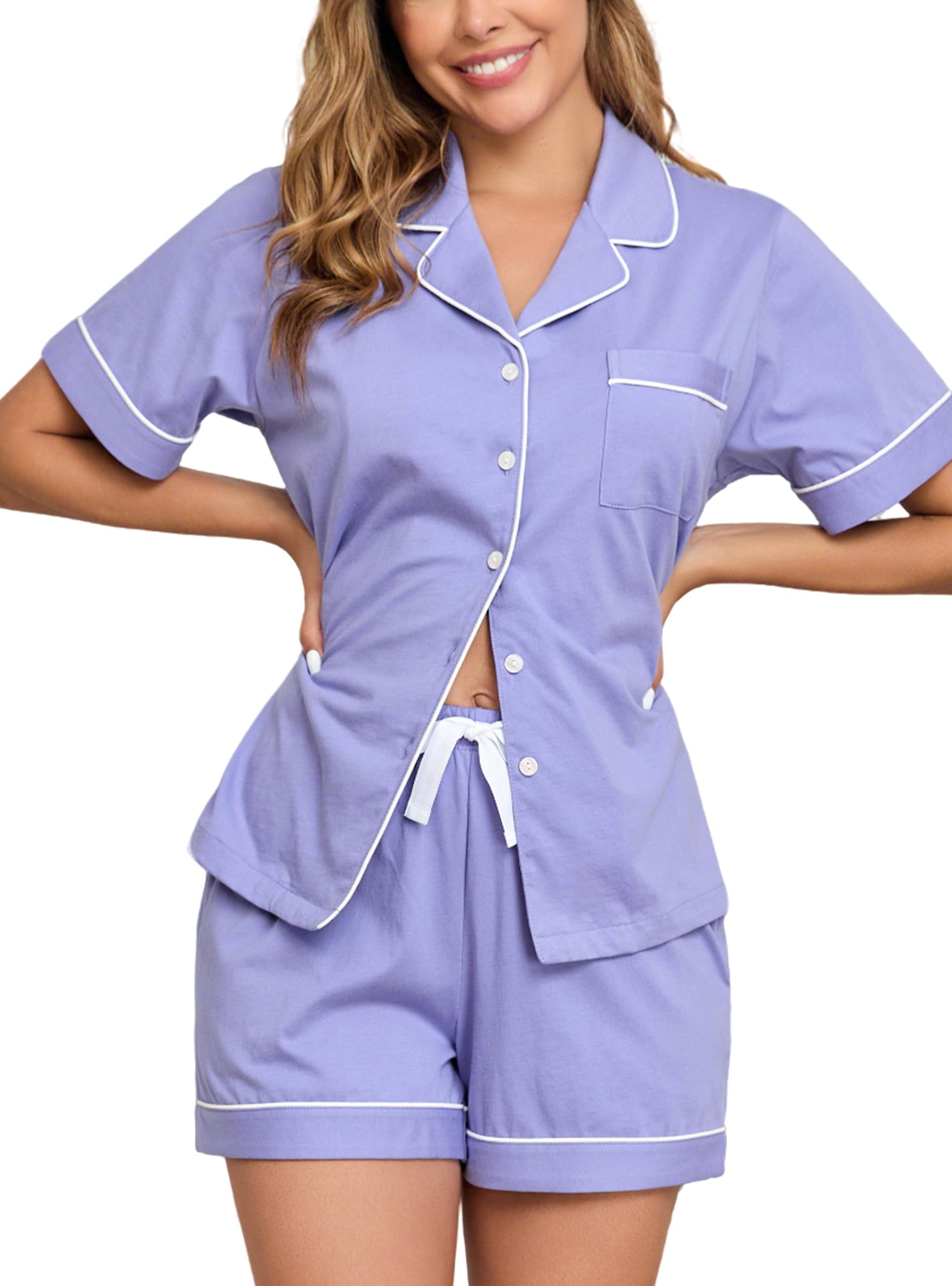 EA'S SECRET Womens Pajamas Set 100% Cotton Soft Short Sleeve Sleepwear Button Down Nightwear Summer Pj Sets S-XXL