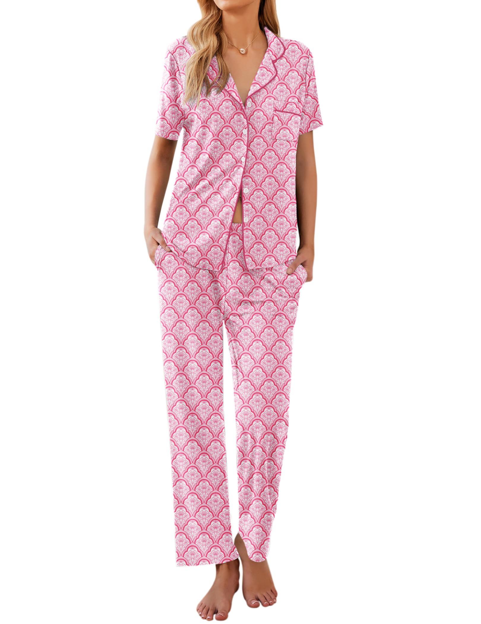 Ekouaer Womens Pajamas Set Short Sleeve Button Down Top & Pants Lounge Pjs