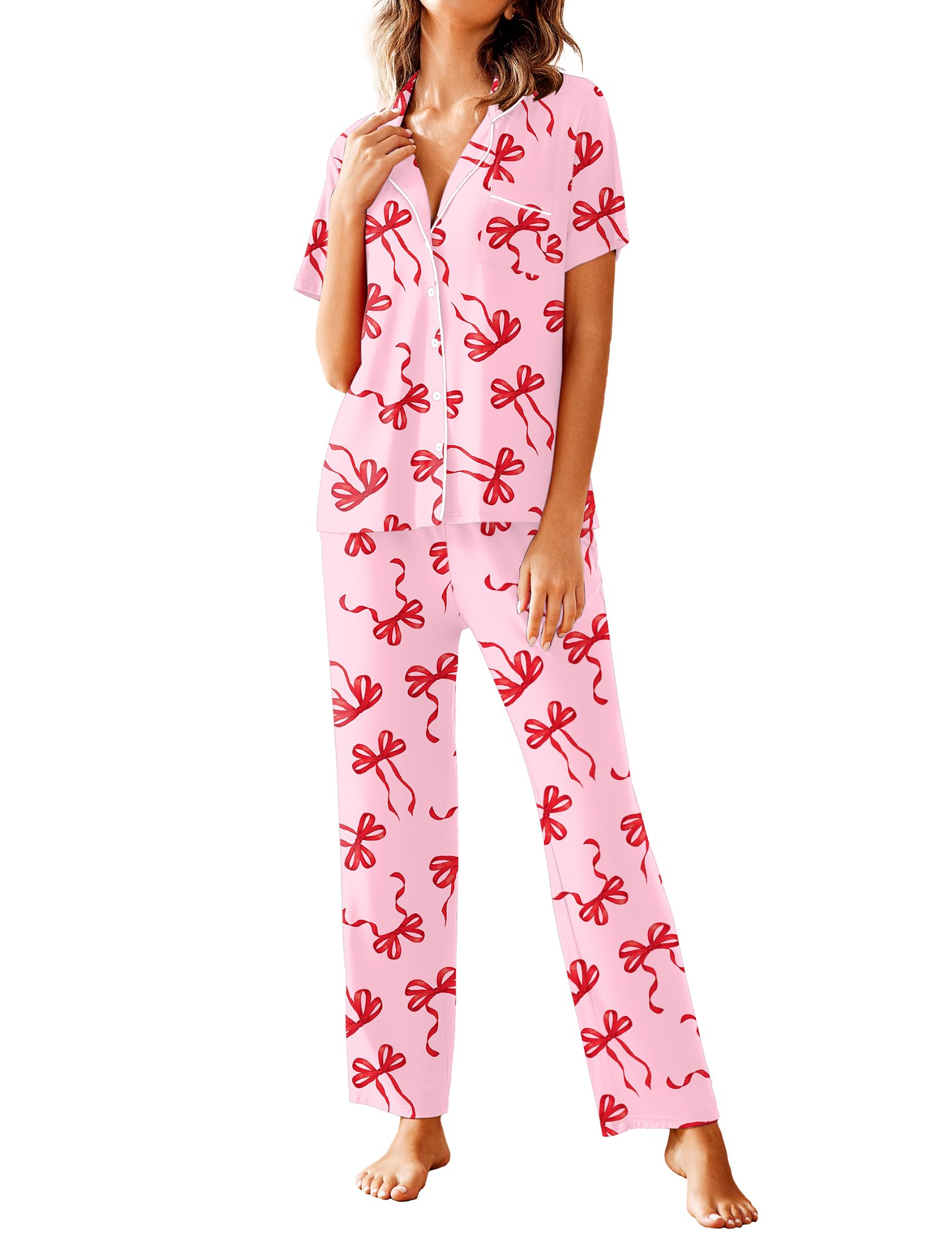 Avidlove Women Pajamas Set Notch Collar Soft Sleepwear Pjs Short Sleeve Button Down Nightwear with Long Pants