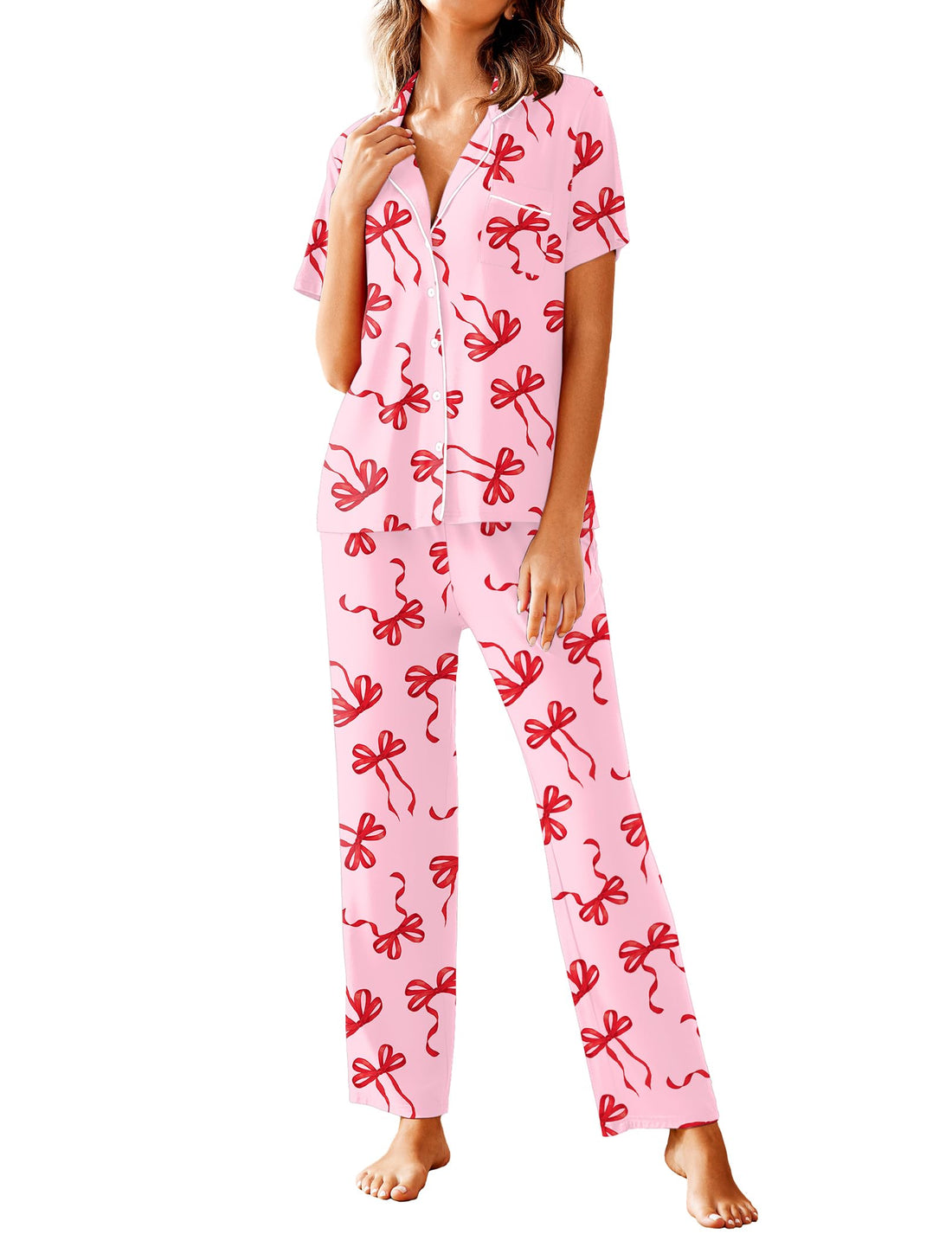 Avidlove Women Pajamas Set Notch Collar Soft Sleepwear Pjs Short Sleeve Button Down Nightwear with Long Pants