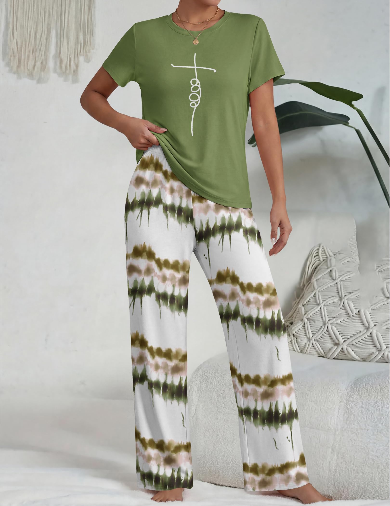 Ekouaer Pajama Set for Women 2 Piece Pjs Short Sleeve Top and Printed Pants
