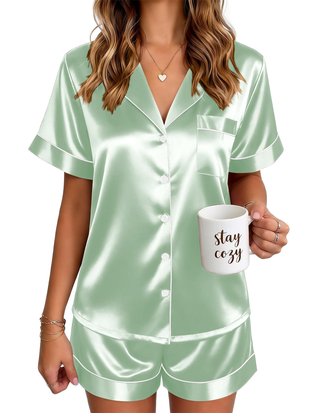 Ekouaer Satin Pajamas for Women Silk Pjs Short Set 2 Piece Lounge Sets