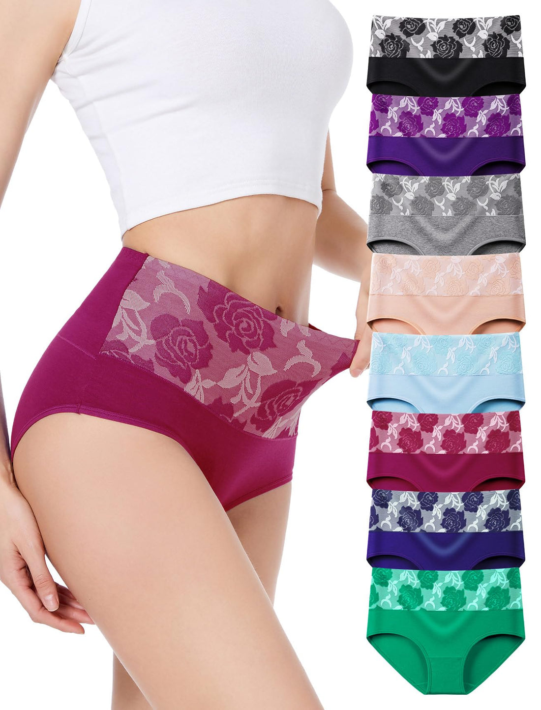 HAVVIS Women's Briefs Underwear Cotton High Waist Tummy Control Panties Rose Jacquard Ladies Panty Multipack