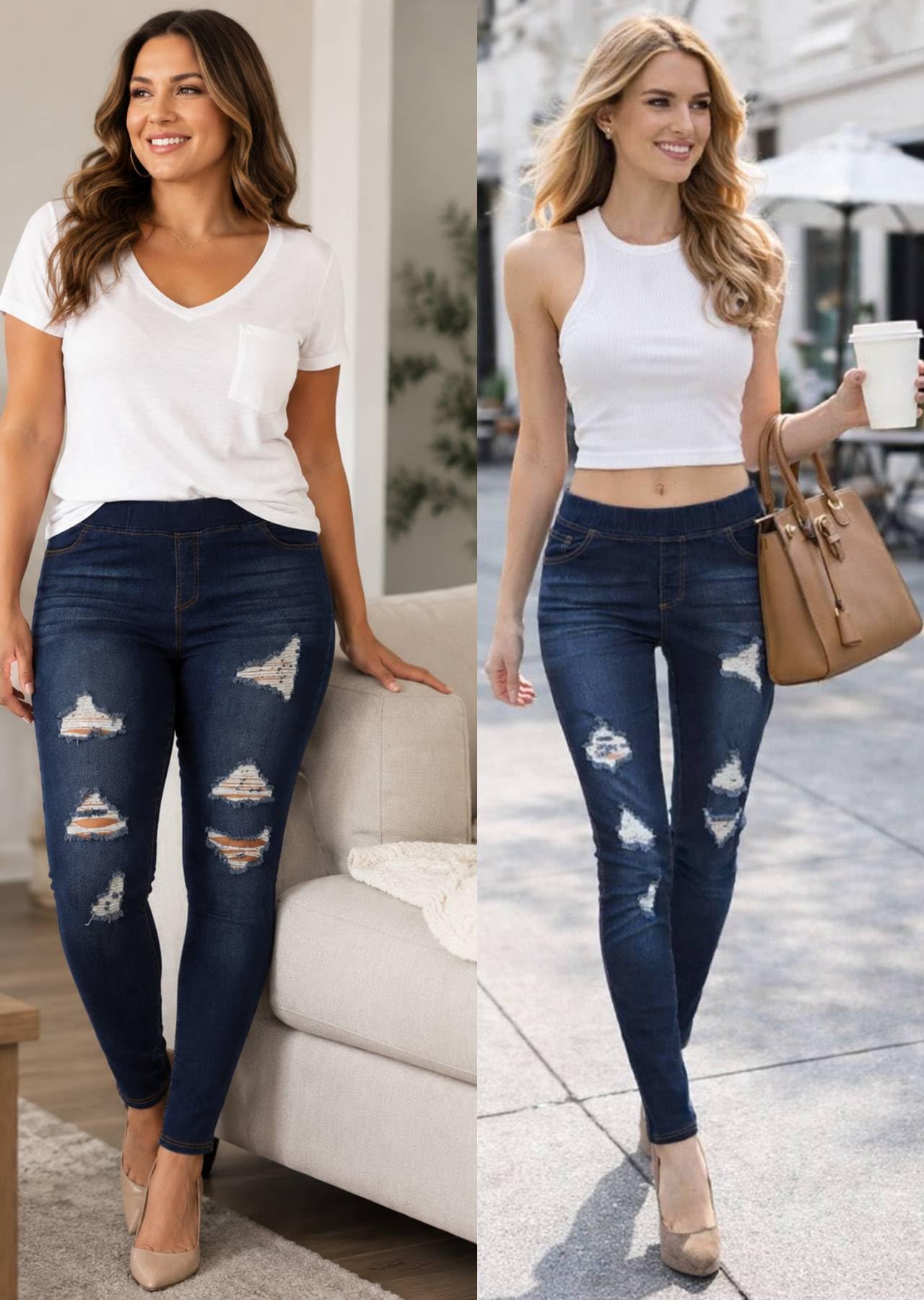 Jvini Women’s Stretch Denim Pull On Jeans with Pockets – Ripped Distressed Elastic Waist Jeggings Skinny Denim Pants