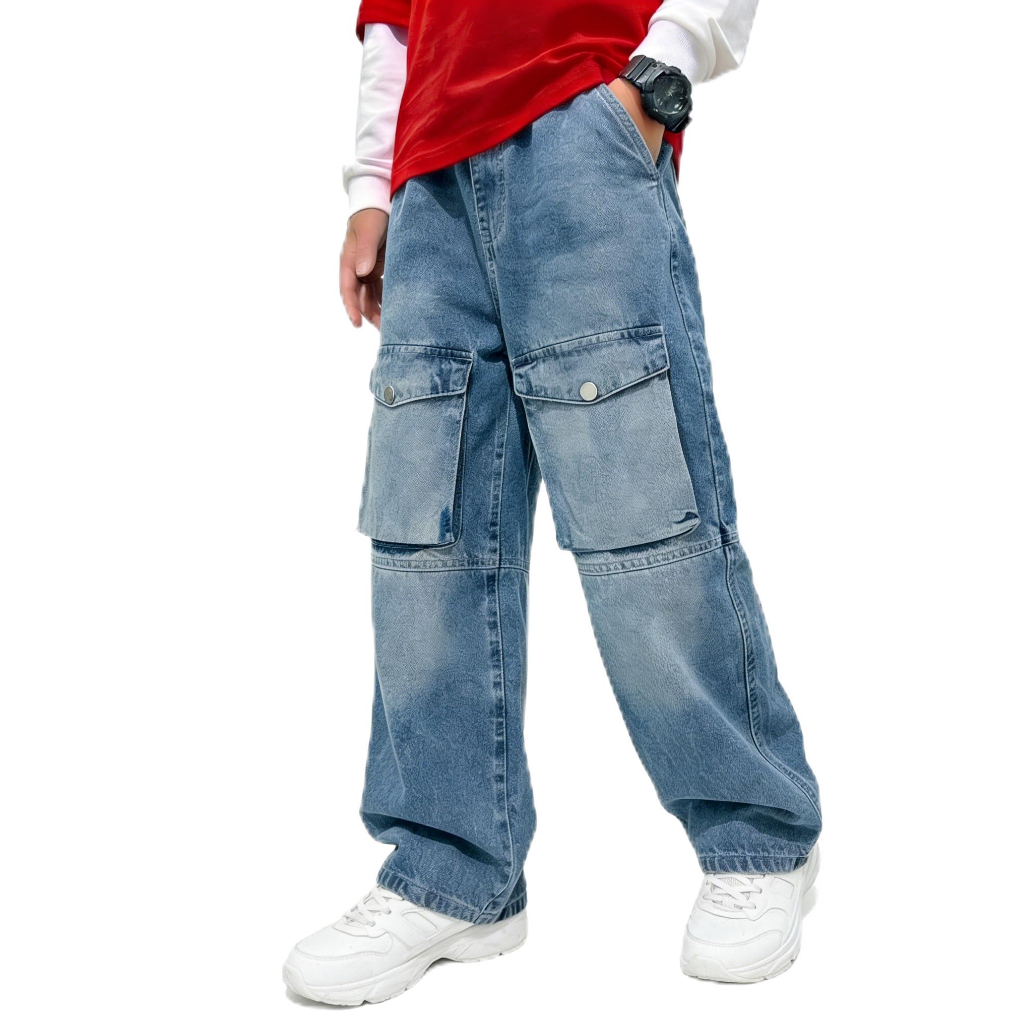 Baggy Jeans for Boys Cargo Jeans, Mid Rise Elastic Waist Multi-Pockets Denim Pants School Streetwear Size 8-12