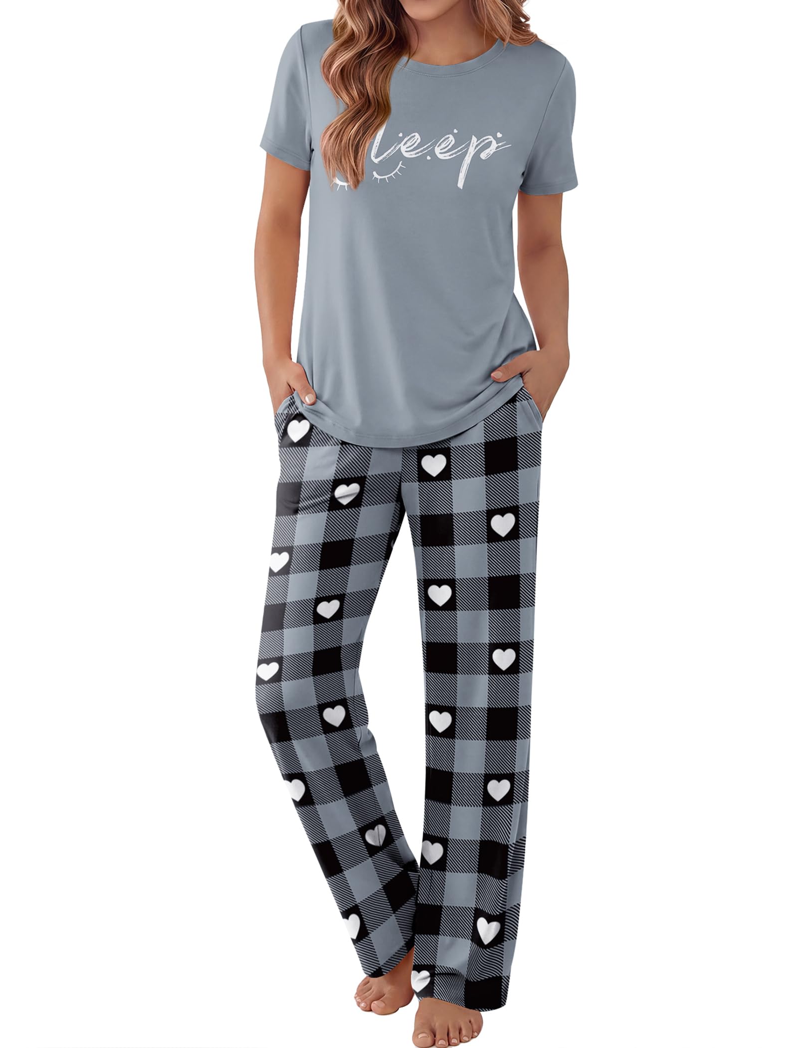 Ekouaer Pajama Set for Women 2 Piece Pjs Short Sleeve Top and Printed Pants