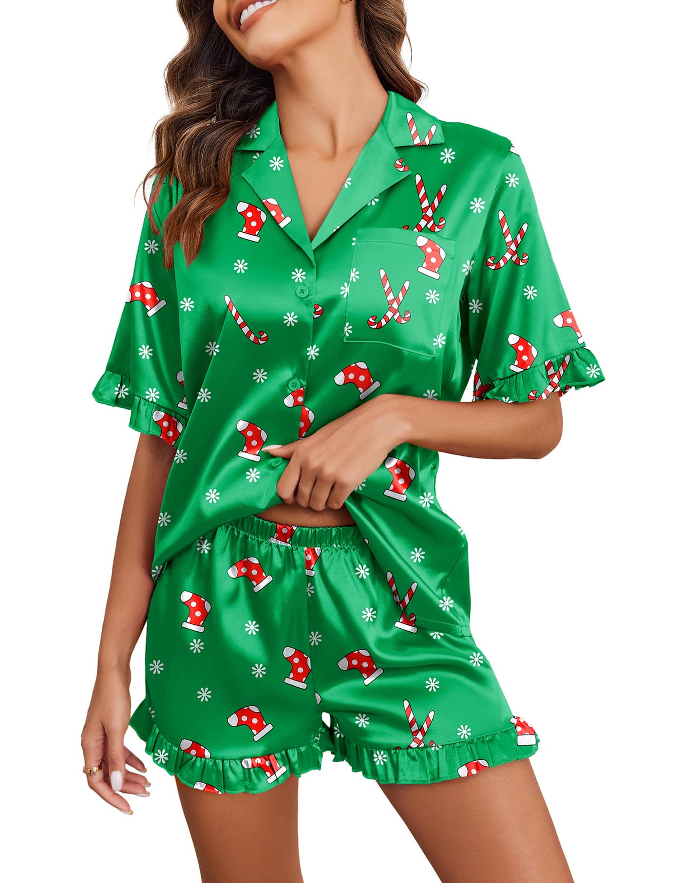 Ekouaer Satin Pajama Set for Women 2 Piece Pj Sets Short Sleeve Sleepwear