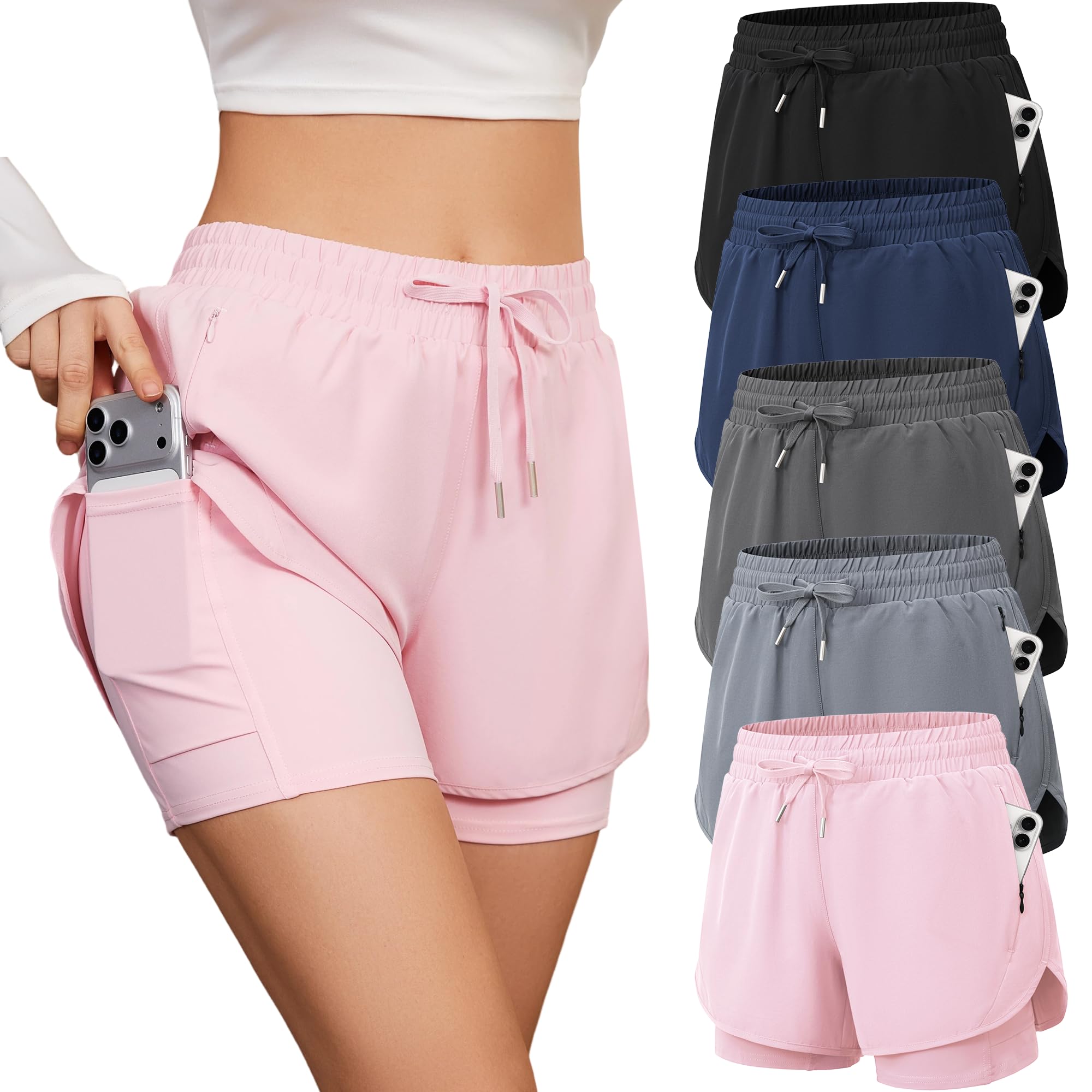 CE' CERDR 5 Pack Women's 2 in 1 Running Shorts High Waisted Athletic Workout Short for Gym Yoga with Liner 4 Pockets