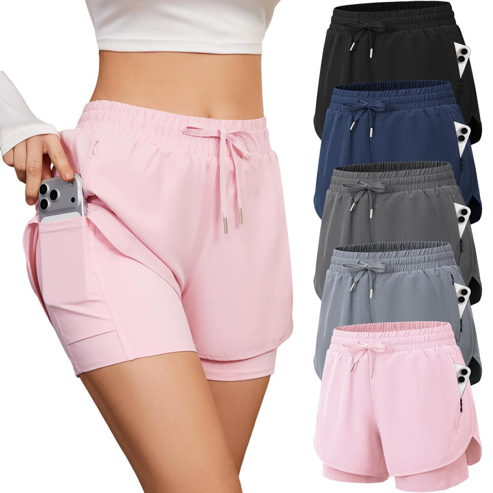 CE' CERDR 5 Pack Women's 2 in 1 Running Shorts High Waisted Athletic Workout Short for Gym Yoga with Liner 4 Pockets