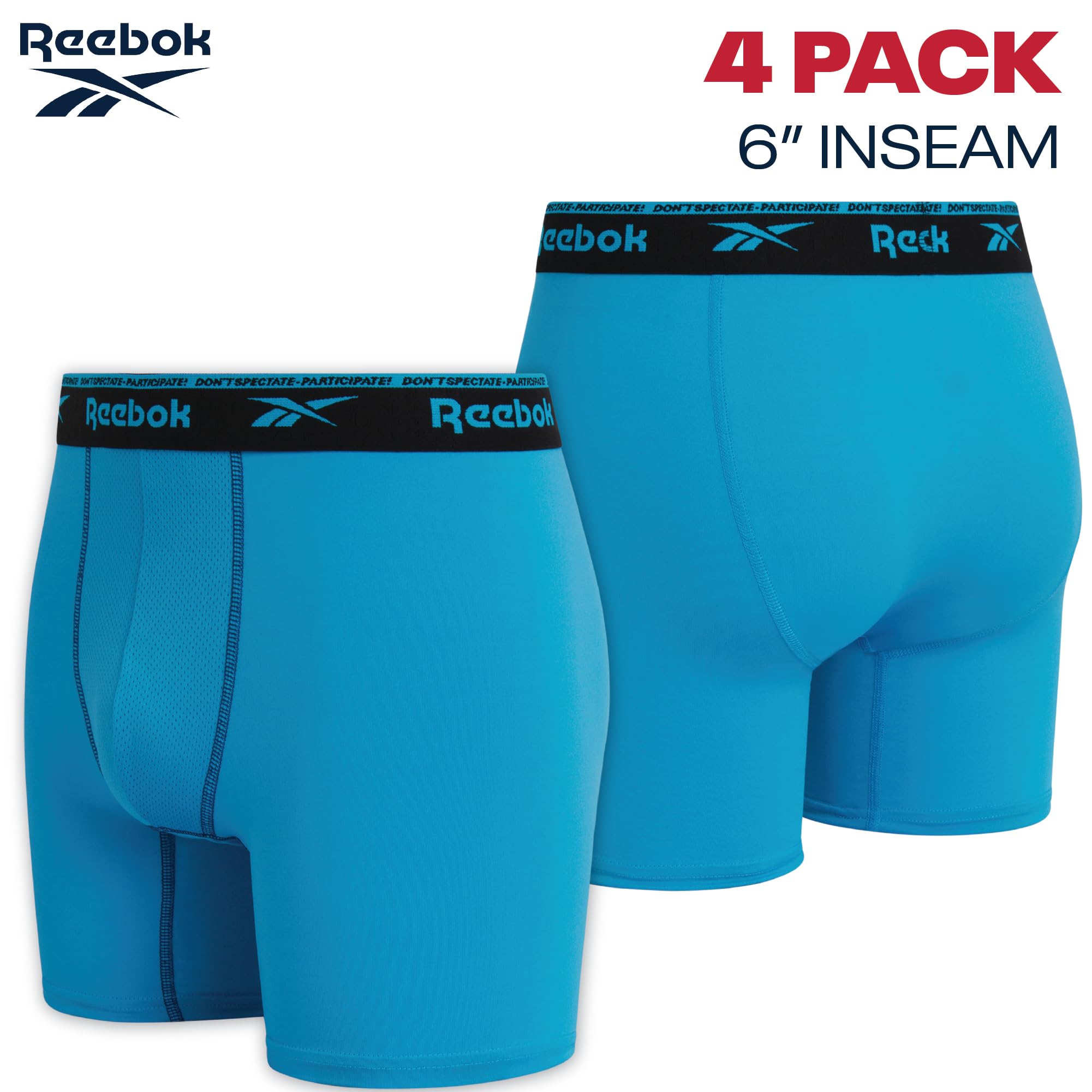 Reebok Mens Boxer Briefs - 4 Pack Underwear with Contour Pouch, 6'' Inseam | Athletic Stretch Performance Moisture-Wicking Fabric, No Fly Pouch, Tag-Free Waistband