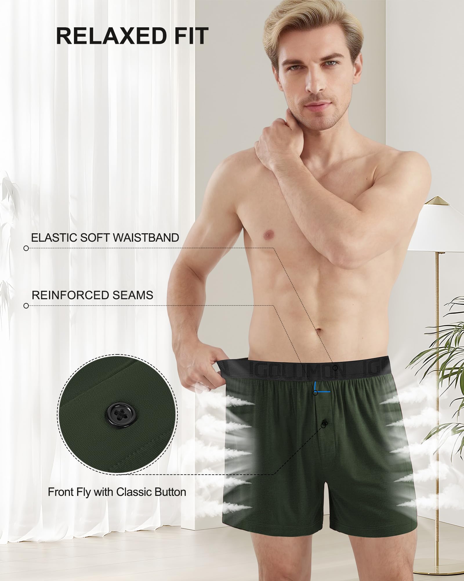 IGOLUMON Mens Boxer Shorts Underwear Soft Breathable Bamboo Rayon Boxers for Men Relaxed Fit Boxers with Button Fly 5 Pack