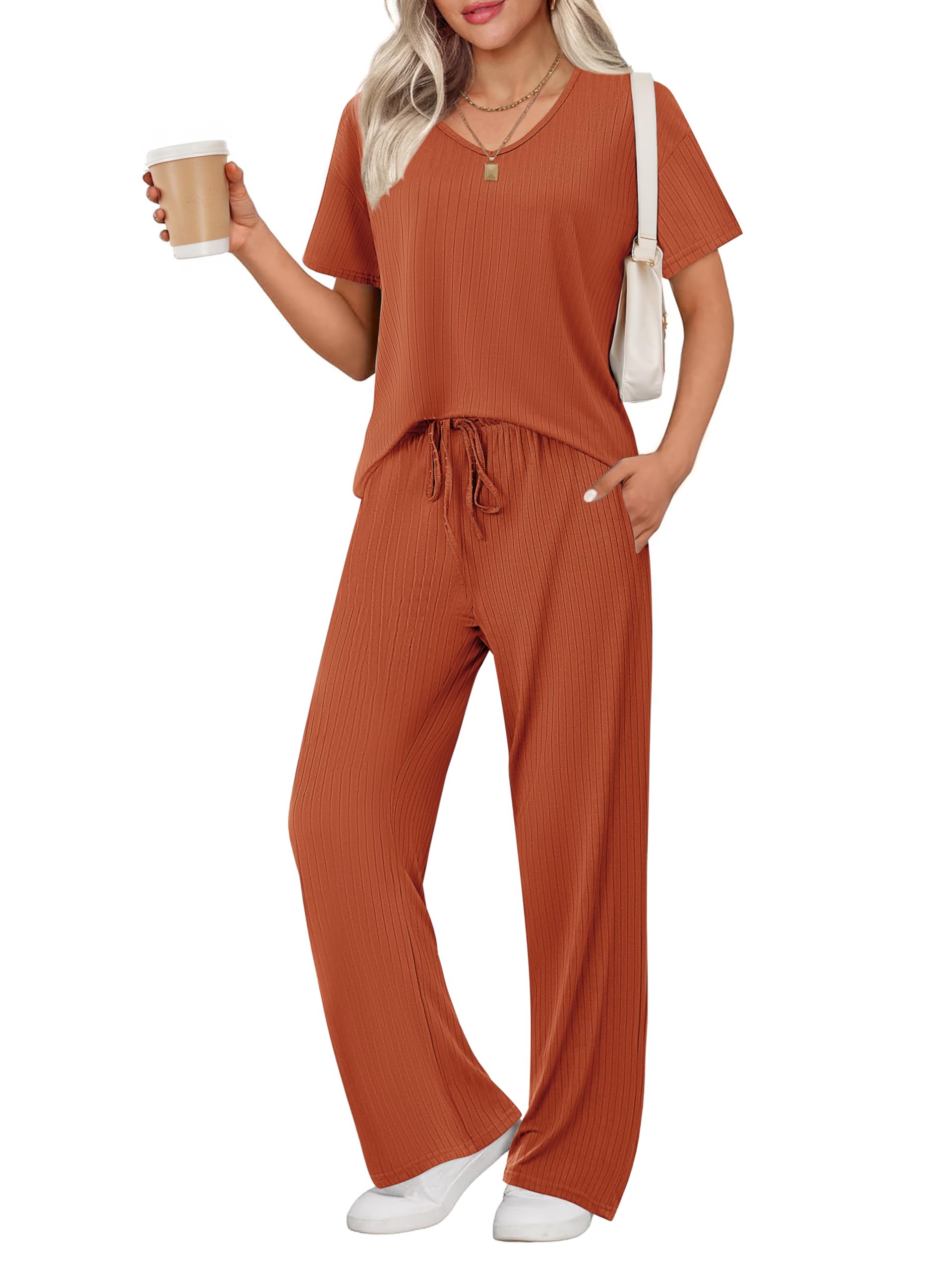 Ekouaer Womens Ribbed Knit Lounge Set Short Sleeve Top and Long Pants Sleepwear Pajama Set Two Piece Matching Outfits Set