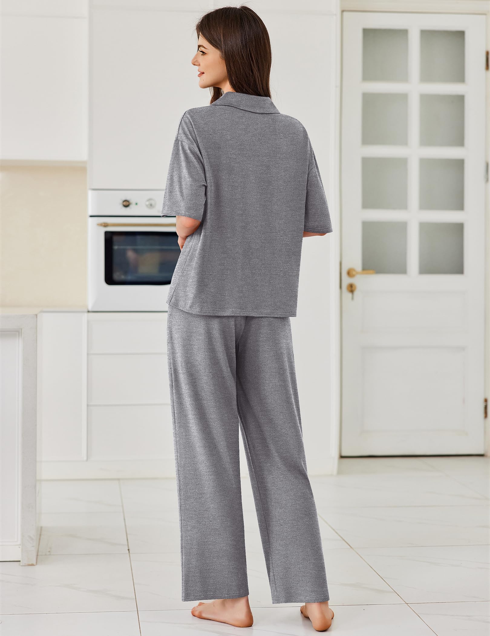 Ekouaer Women Pajamas Set Button Down Sleepwear Short Sleeve Pjs Long Pants