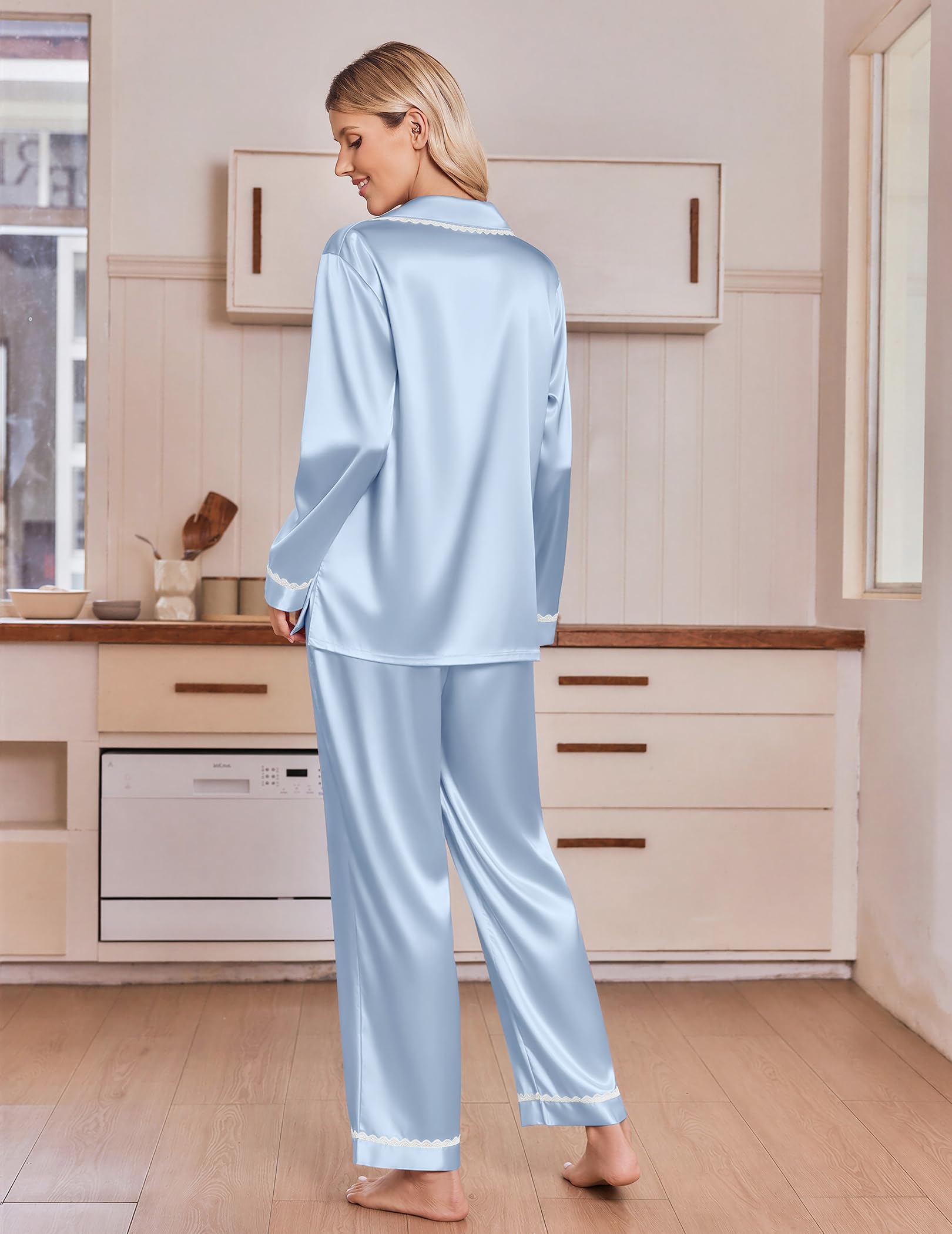 Ekouaer Satin Pajamas for Women Set 2 Piece Silk Pjs Long Sleeve Lounge Set