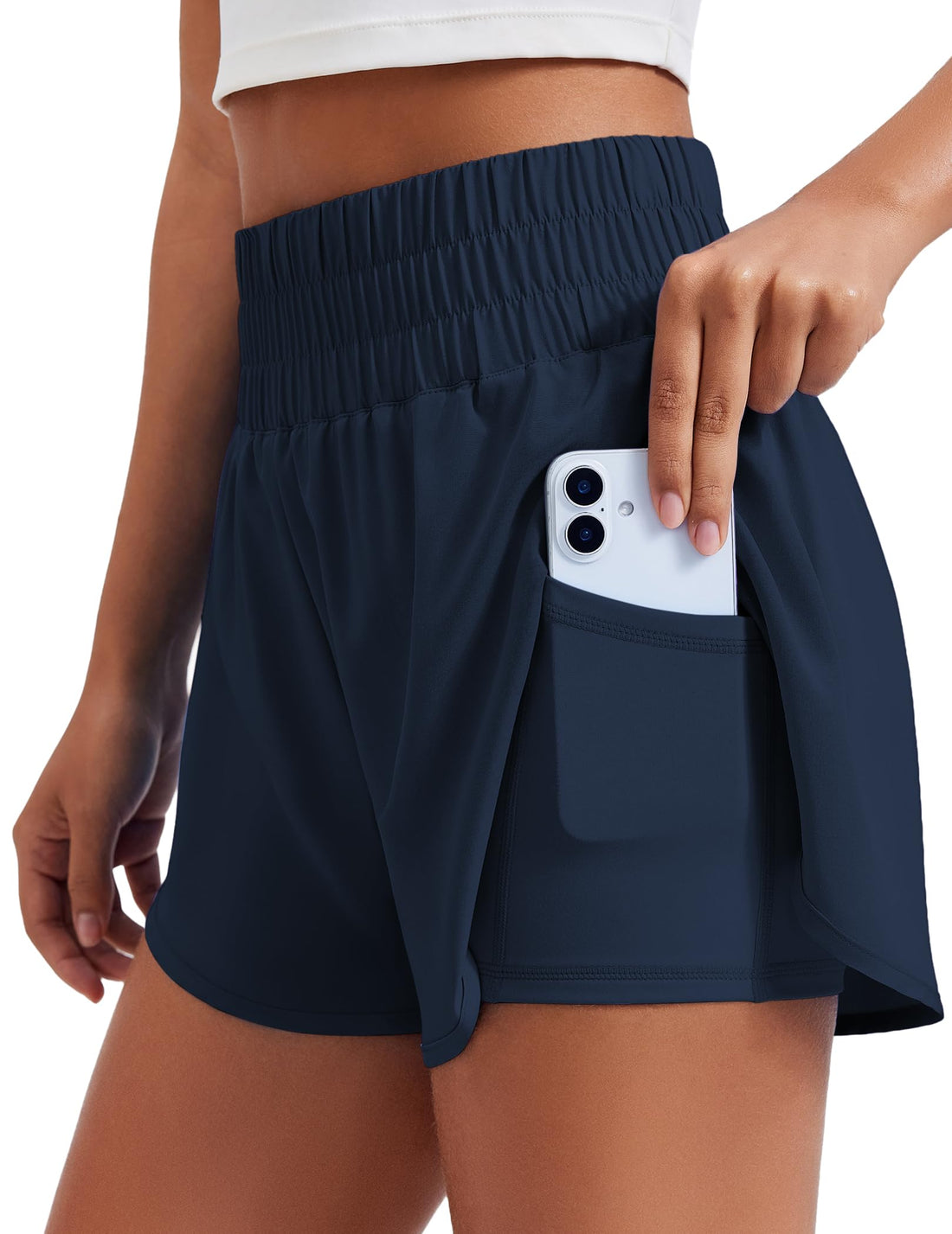 PINSPARK Women's 2 in 1 Running Shorts High-Split Athletic Short High Waisted 3" Liner Workout Gym Short with Pockets
